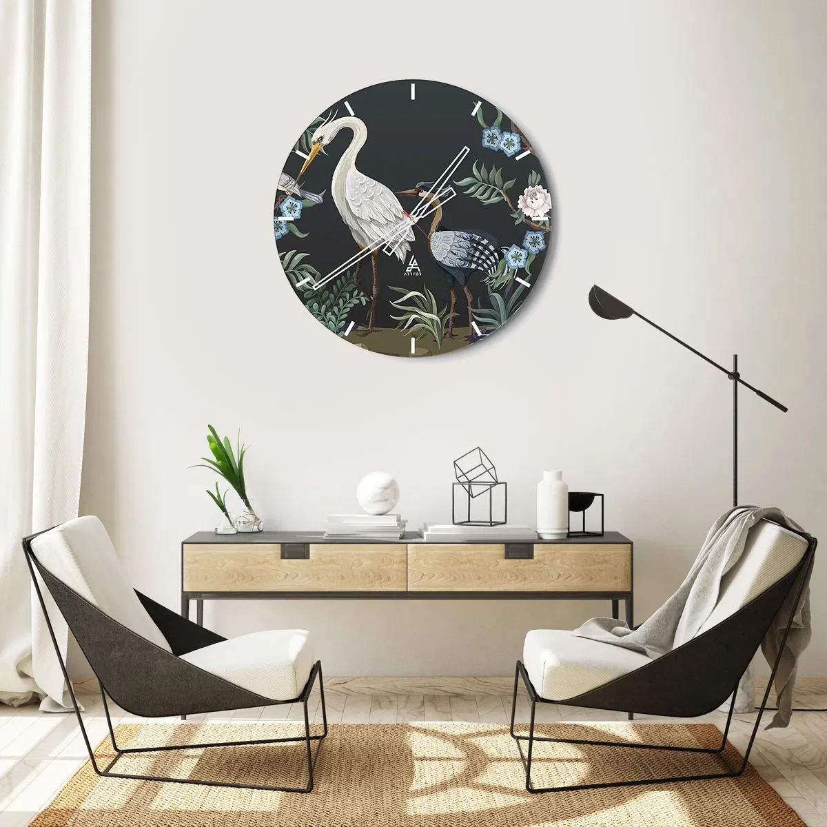Horloge murale - Pendule murale - Oiseaux décoratifs parmi des plantes sur fond sombre - 30x30cm - Parade d'oiseaux - Décoration murale moderne pour le salon, la cuisine et la chambre ARTTOR
