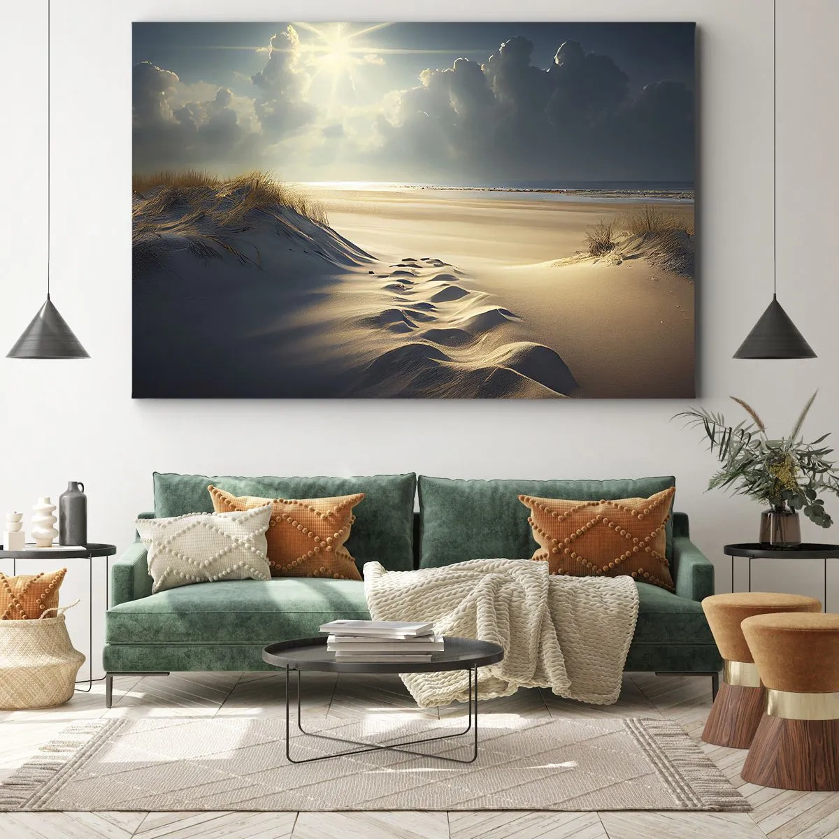 Impression sur toile - Image sur toile - Dunes dorées sur la plage au coucher du soleil avec vue sur la mer - 70x50cm - Un paysage apaisant - Décoration murale moderne pour le salon et la chambre ARTTOR