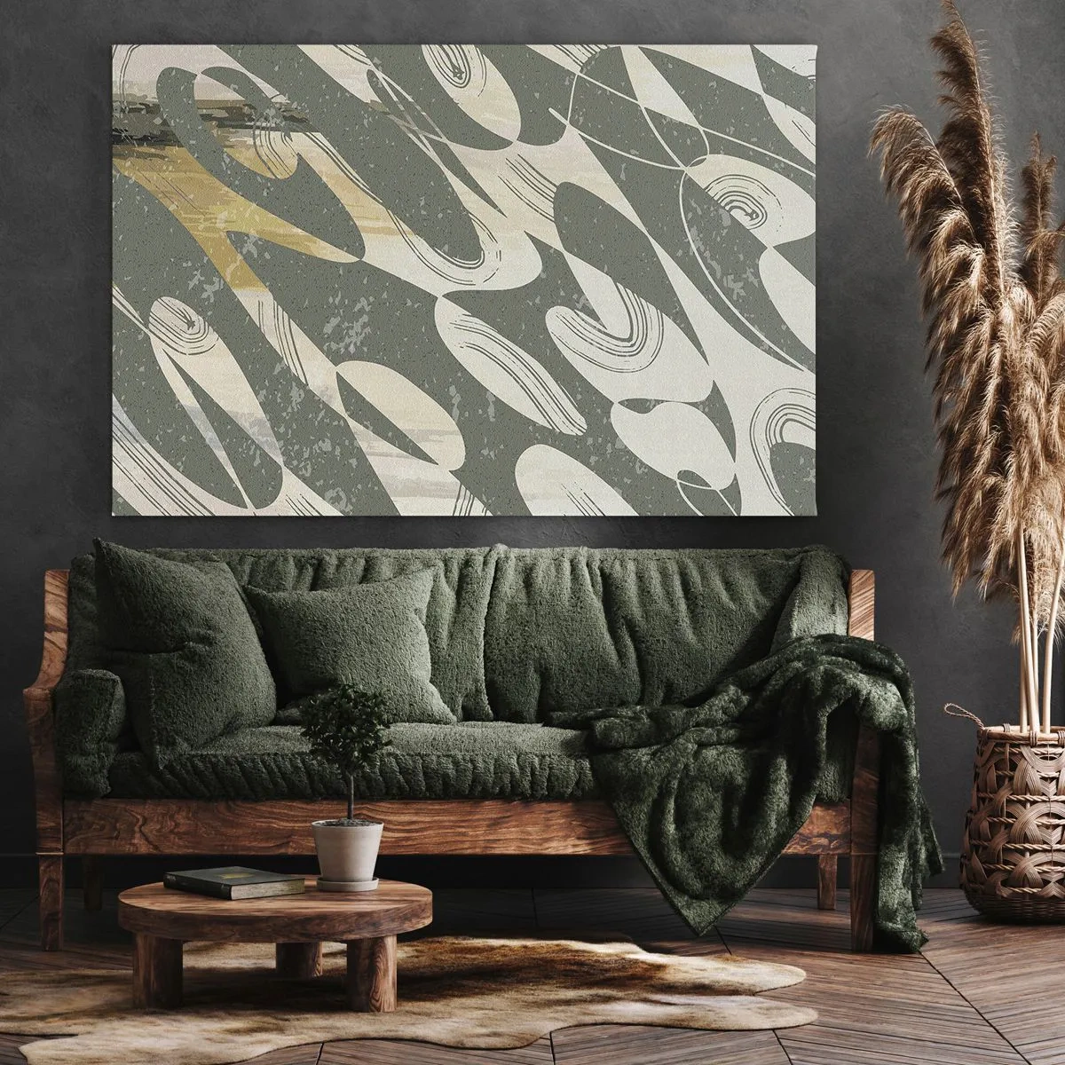 Impression sur toile - Image sur toile - Formes dynamiques dans des tons de vert et d'or - 70x50cm - Abstraction rythmique - Décoration murale moderne pour le salon et la chambre ARTTOR