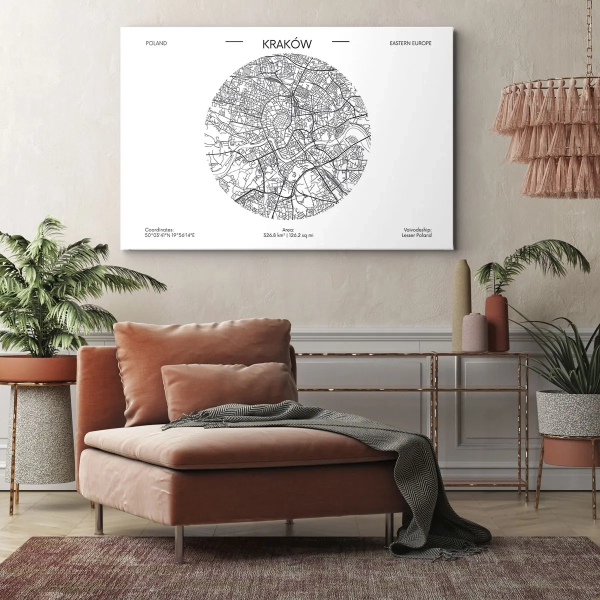 Impression sur toile - Image sur toile - Une carte de Cracovie dans un style minimaliste - 70x50cm - Anatomie de Cracovie - Décoration murale moderne pour le salon et la chambre ARTTOR