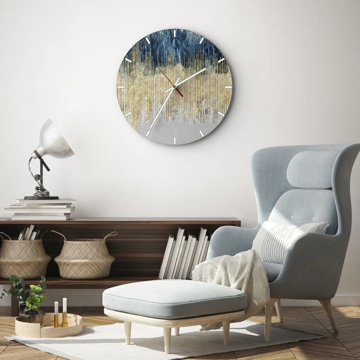 Horloge murale - Pendule murale - Lignes verticales dorées se transformant en dégradés bleu marine et gris - 30x30cm - Bordure dorée - Décoration murale moderne pour le salon, la cuisine et la chambre ARTTOR