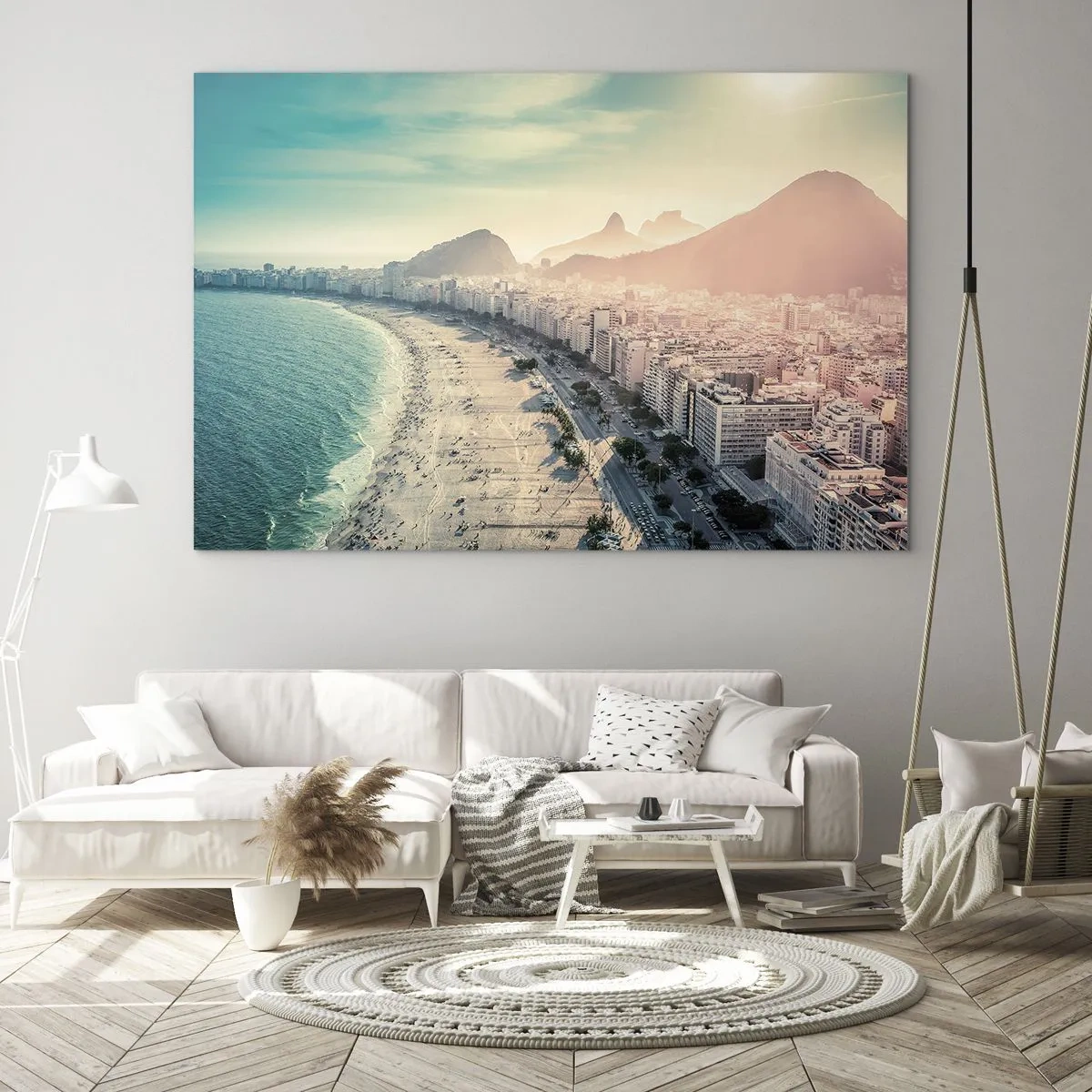 Impression sur verre - Image sur verre - Panorama de la plage avec des bâtiments urbains et un arrière-plan de montagne - 70x50cm - Vacances éternelles à Rio - Décoration murale moderne pour le salon et la chambre ARTTOR