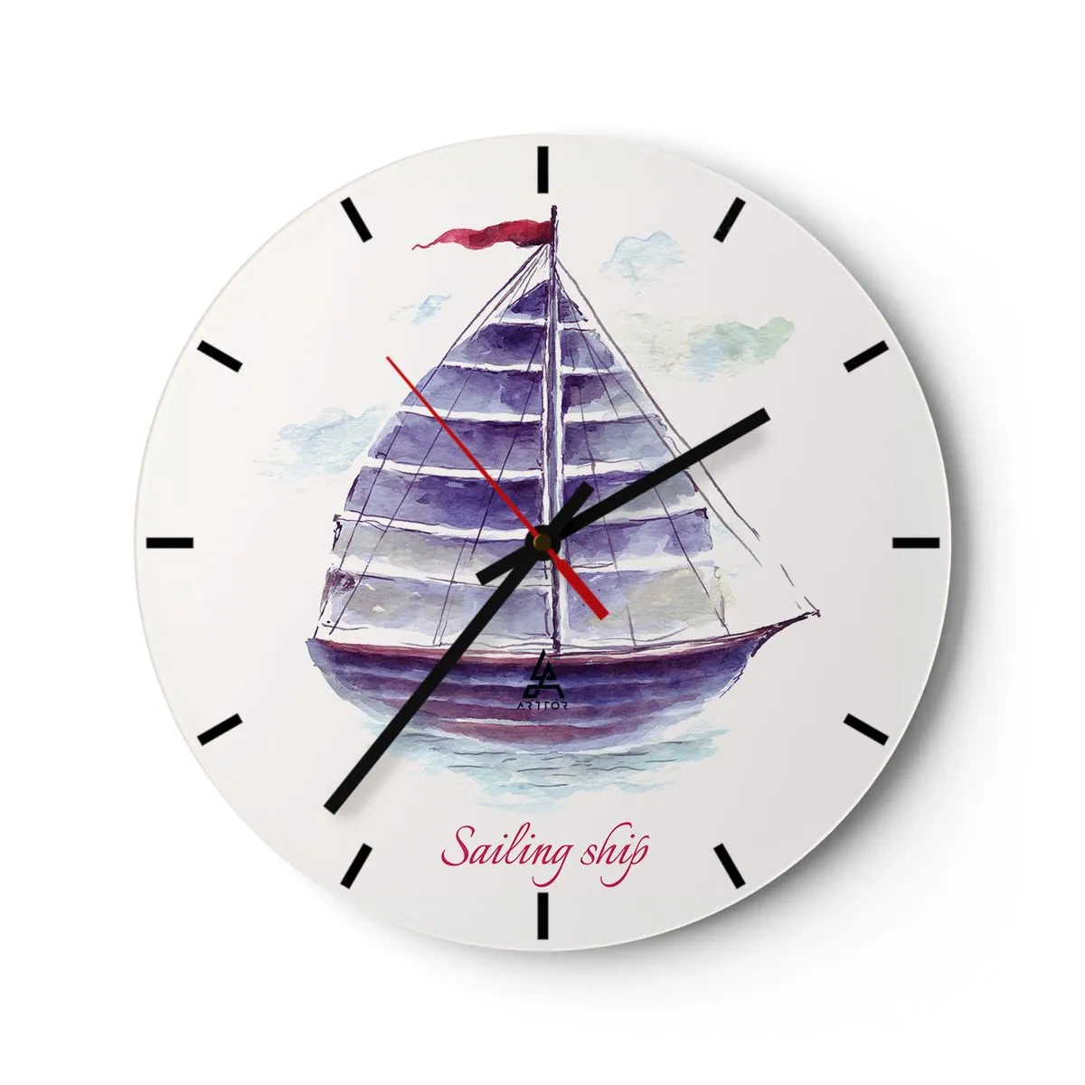 Horloge murale - Pendule murale - Un voilier violet avec un mât rouge sur une mer calme - 30x30cm - Plein de voiles et d’eau calme - Décoration murale moderne pour le salon, la cuisine et la chambre ARTTOR