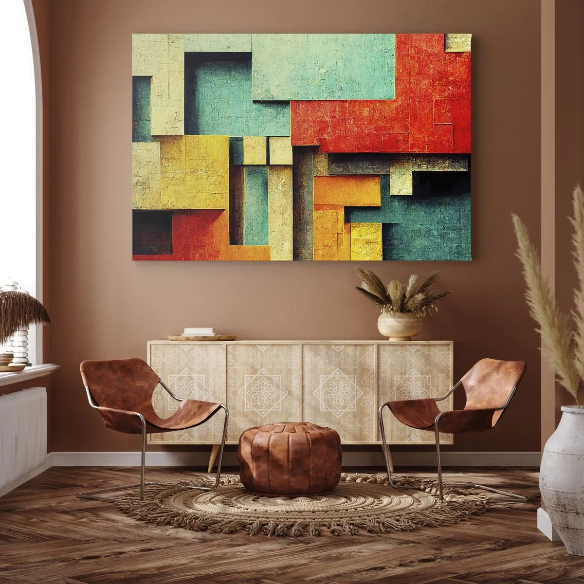 Impression sur toile - Image sur toile - Formes géométriques abstraites aux couleurs vives - 70x50cm - Festival des angles droits - Décoration murale moderne pour le salon et la chambre ARTTOR