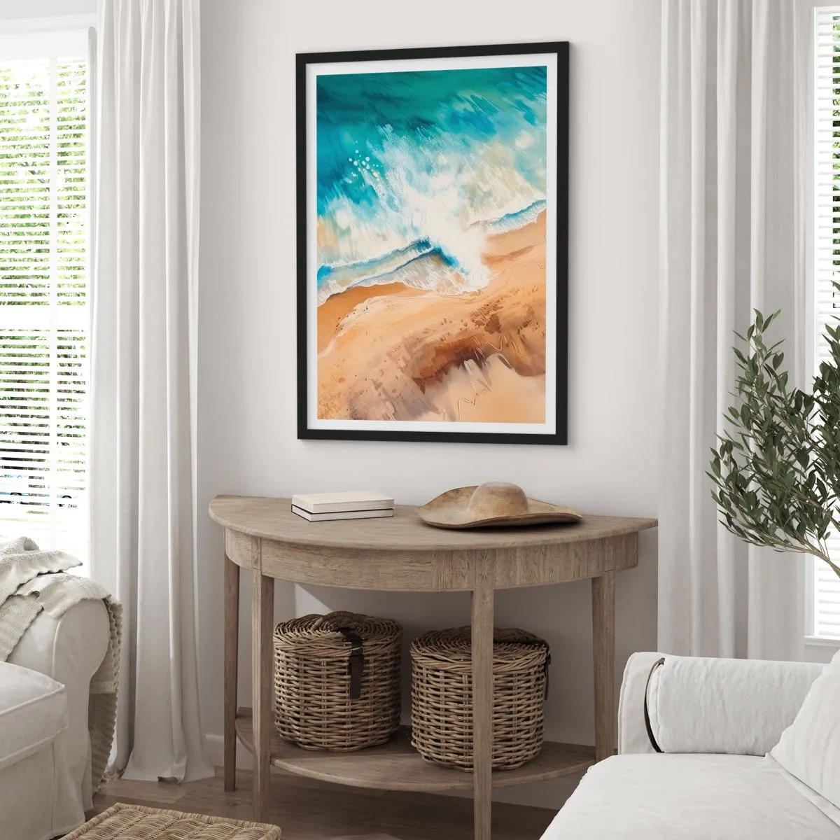 Affiche dans un cadre noir - Poster - Une scène abstraite d'une vague s'écrasant sur le rivage dans des tons turquoise et sable. - 50x70cm - La vague qui revient - Décoration murale moderne pour le salon et la chambre ARTTOR