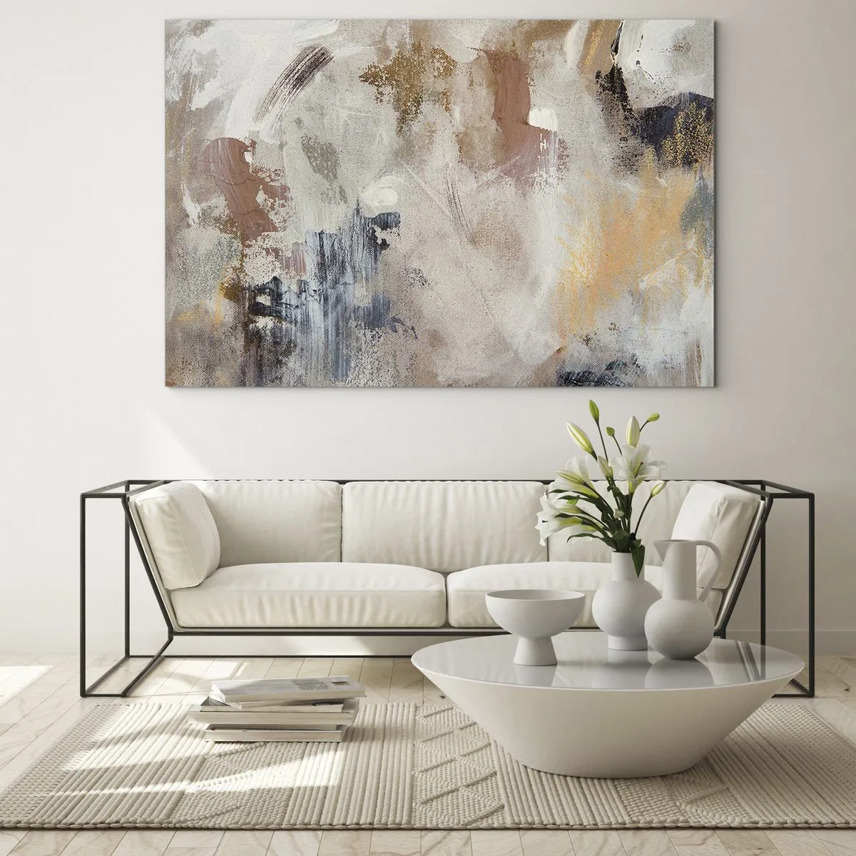 Impression sur verre - Image sur verre - Composition abstraite beige et marron dans un style brumeux - 70x50cm - Abstraction brumeuse - Décoration murale moderne pour le salon et la chambre ARTTOR