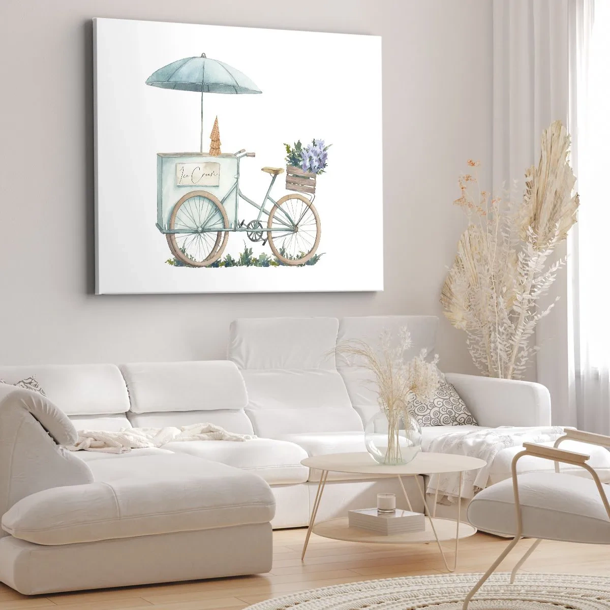 Impression sur toile - Image sur toile - Un vélo avec de la glace et des fleurs sous un parapluie aux couleurs pastel délicates - 70x50cm - Doux souvenir d'été - Décoration murale moderne pour le salon et la chambre ARTTOR