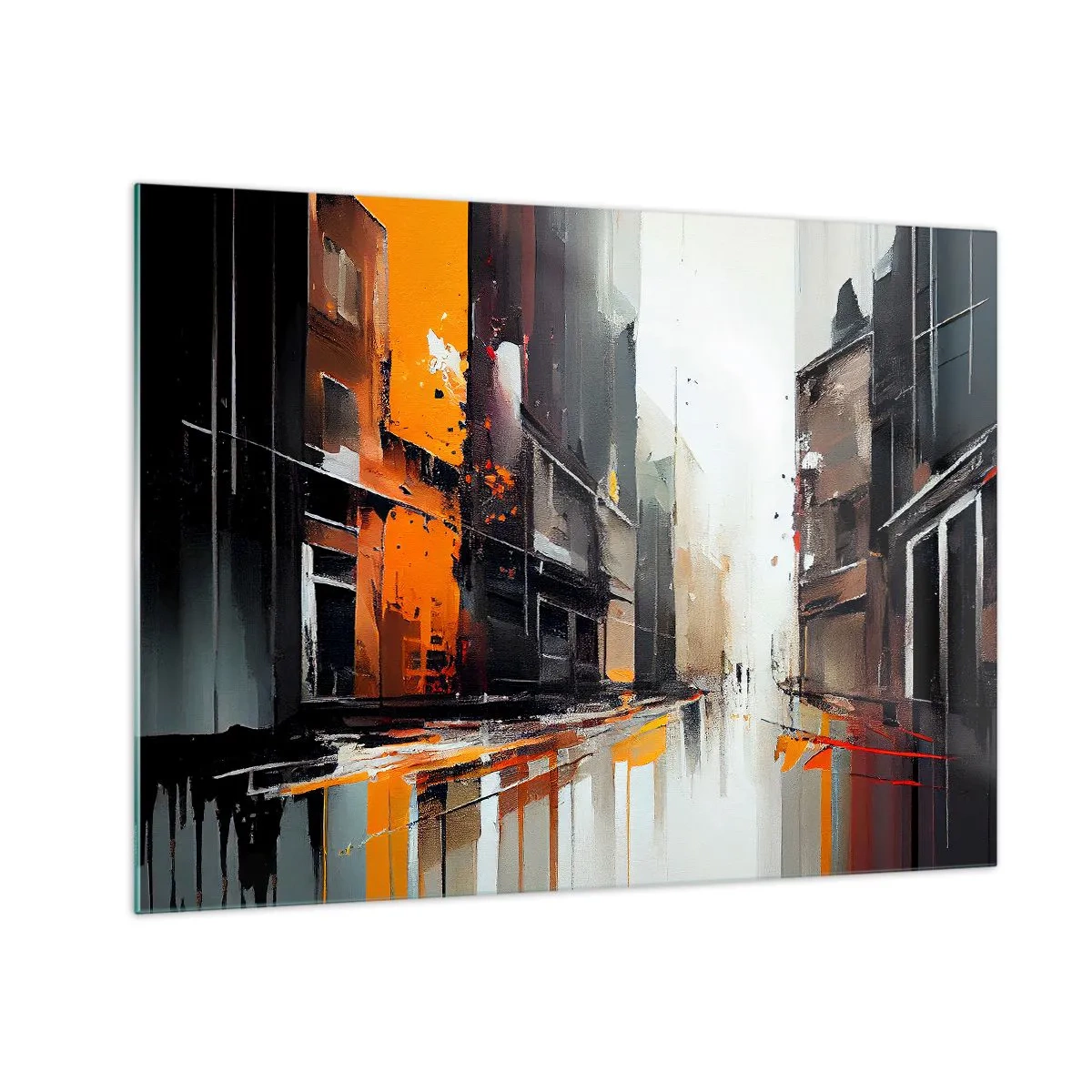 Impression sur verre - Image sur verre - Une rue sous la pluie avec de grands immeubles aux couleurs chaudes - 70x50cm - Jour de pluie - Décoration murale moderne pour le salon et la chambre ARTTOR