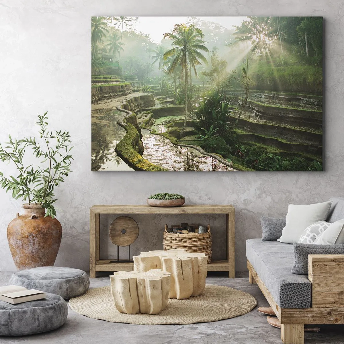 Impression sur toile - Image sur toile - Rizières en terrasses avec palmiers sous les rayons du soleil - 70x50cm - Grandir au soleil - Décoration murale moderne pour le salon et la chambre ARTTOR