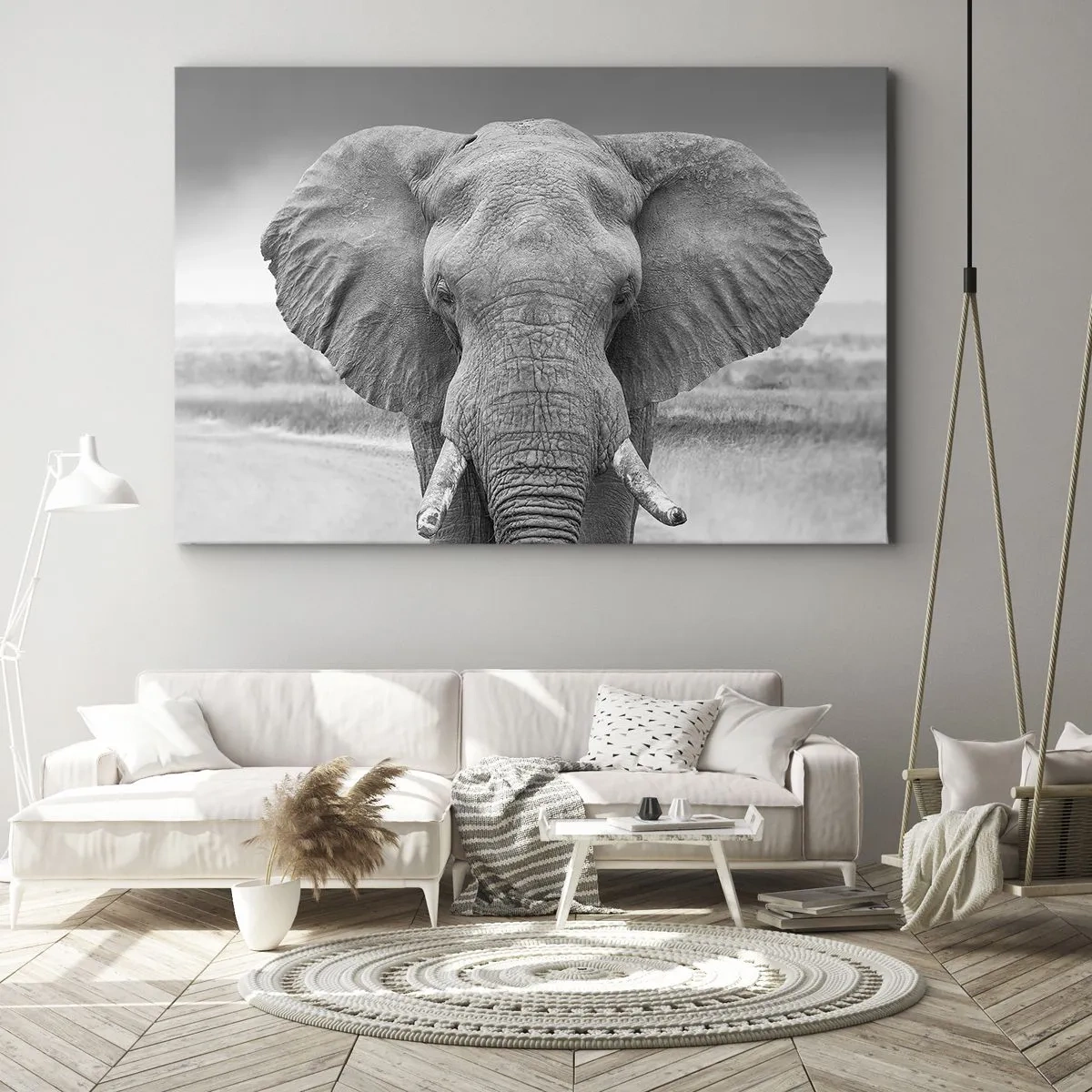 Impression sur toile - Image sur toile - Portrait d'un éléphant en noir et blanc - 70x50cm - Bienvenue dans mon monde - Décoration murale moderne pour le salon et la chambre ARTTOR