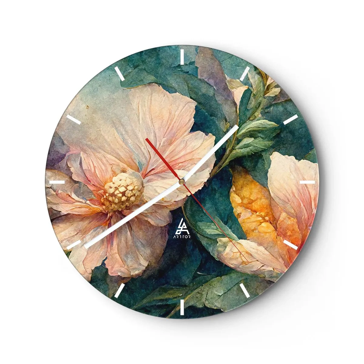 Horloge murale - Pendule murale - Fleurs délicates aux couleurs pastel avec des feuilles vertes - 30x30cm - Uniquement de la subtilité - Décoration murale moderne pour le salon, la cuisine et la chambre ARTTOR