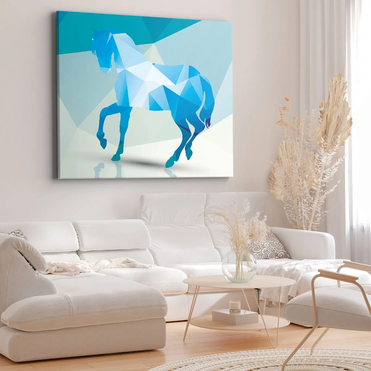 Impression sur toile - Image sur toile - Silhouette géométrique d'un cheval dans des tons bleus - 70x50cm - Cheval géométrique en turquoise - Décoration murale moderne pour le salon et la chambre ARTTOR