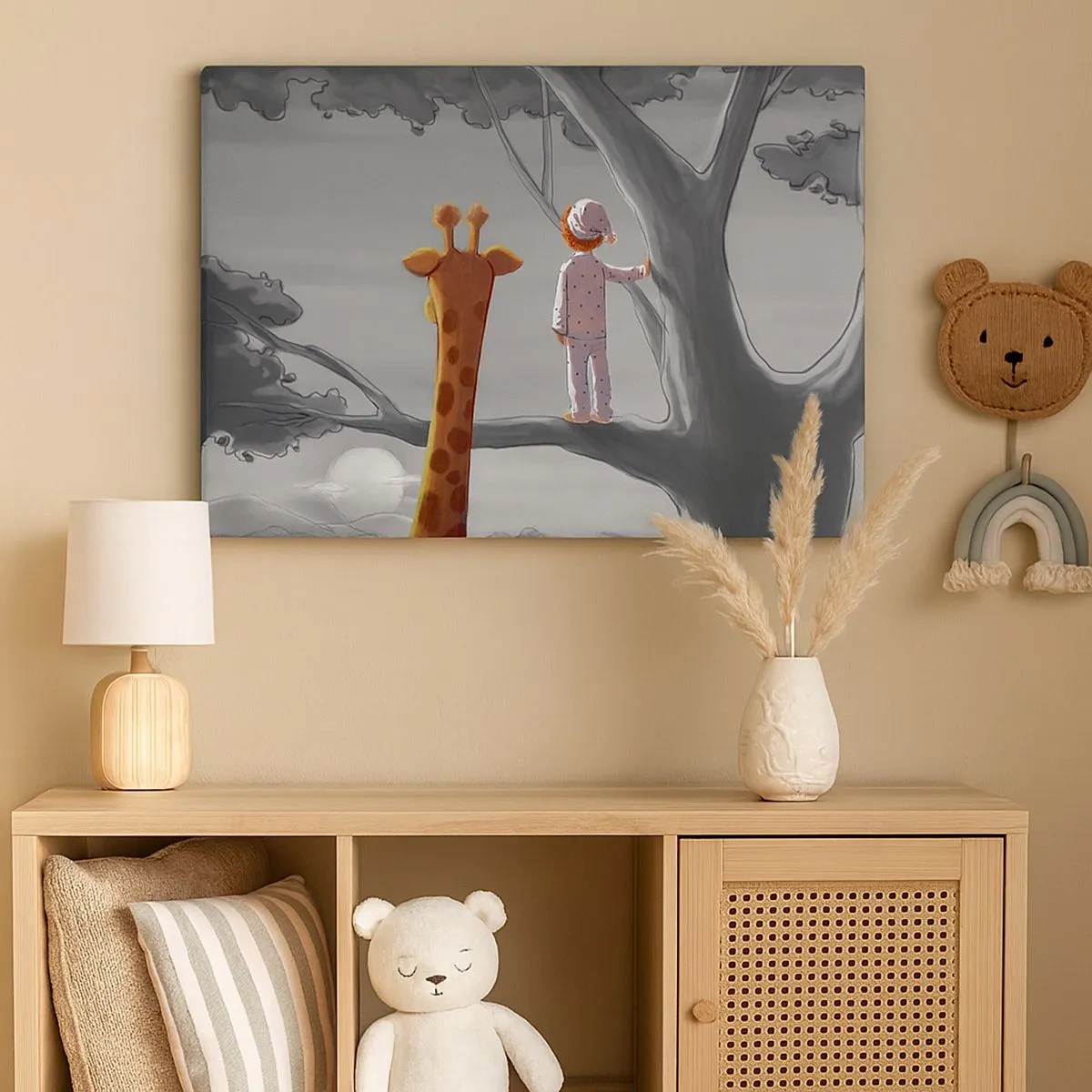 Impression sur toile - Image sur toile - Un enfant et une girafe sur une branche d'arbre dans un paysage de conte de fées - 70x50cm - Cela arrive vraiment - Décoration murale moderne pour le salon et la chambre ARTTOR