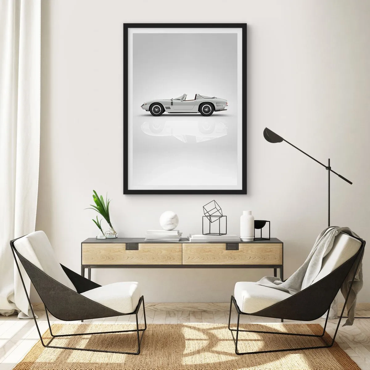 Affiche dans un cadre noir - Poster - Cabriolet blanc classique sur fond neutre - 50x70cm - Promesse de plaisir - Décoration murale moderne pour le salon et la chambre ARTTOR
