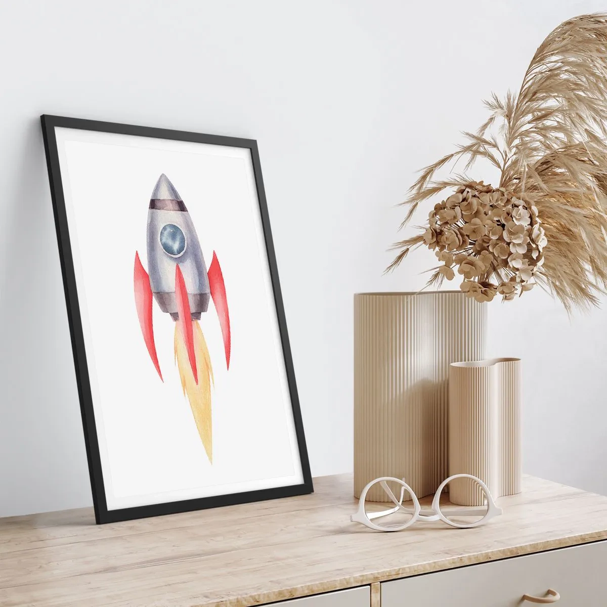 Affiche dans un cadre noir - Poster - Fusée spatiale de style aquarelle - 50x70cm - Plus haut, plus vite, plus loin - Décoration murale moderne pour le salon et la chambre ARTTOR