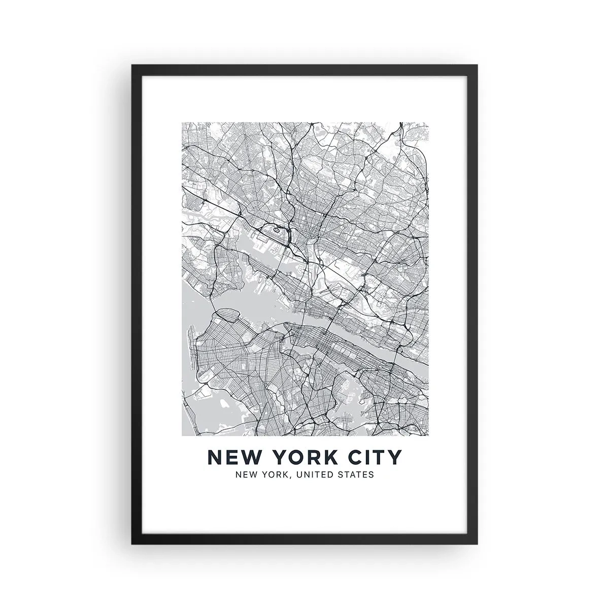 Affiche dans un cadre noir - Poster - Une carte minimaliste de la ville de New York - 50x70cm - Anatomie de la métropole - Décoration murale moderne pour le salon et la chambre ARTTOR