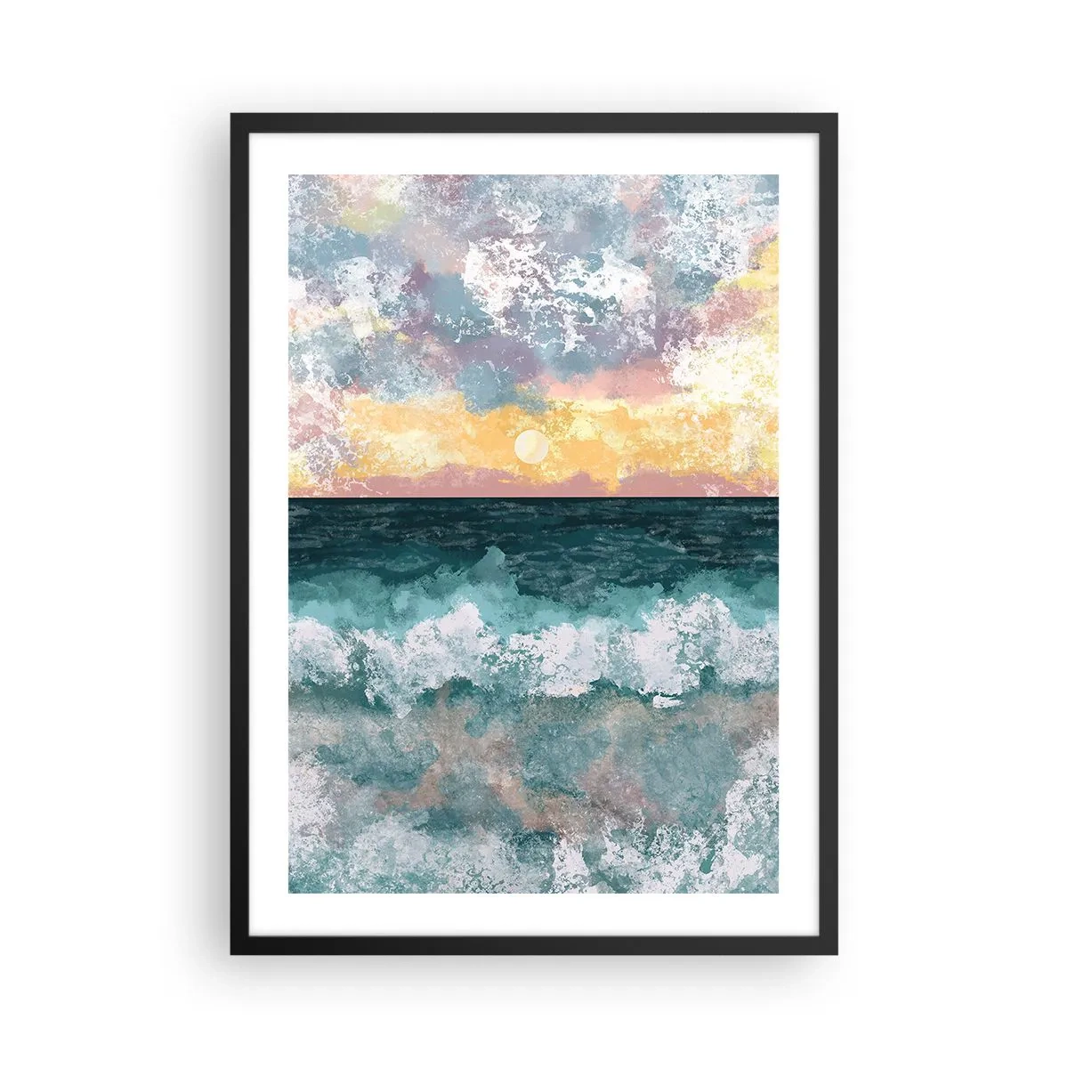 Affiche dans un cadre noir - Poster - Vagues de la mer et coucher de soleil dans un style aquarelle - 50x70cm - Eau, lumière, air - Décoration murale moderne pour le salon et la chambre ARTTOR