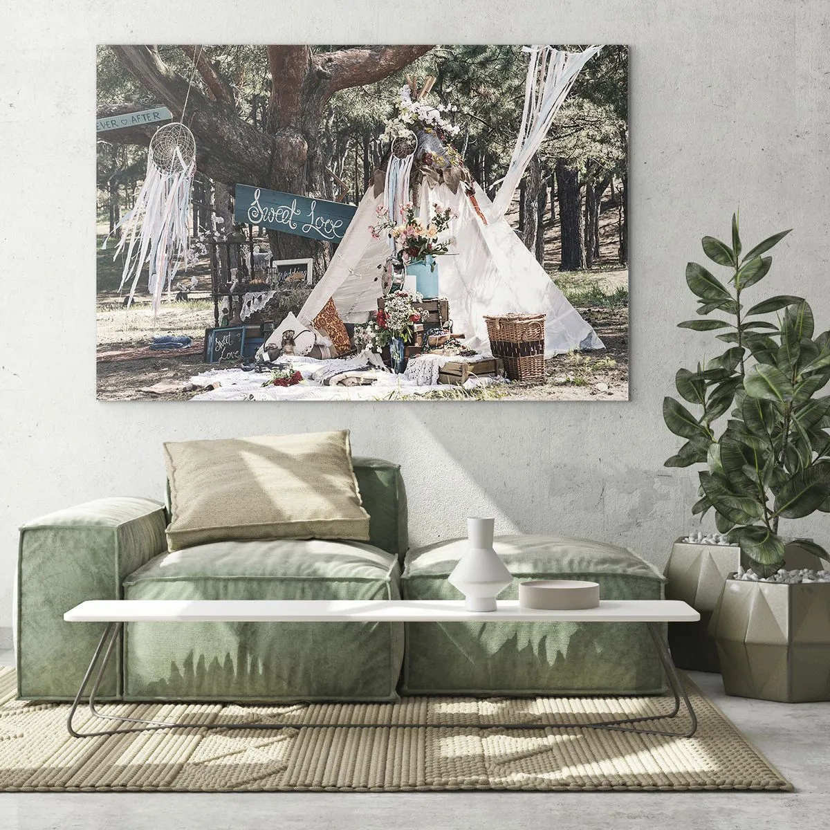 Impression sur verre - Image sur verre - Décoration extérieure bohème avec un tipi et des fleurs dans la forêt - 70x50cm - Make love… - Décoration murale moderne pour le salon et la chambre ARTTOR