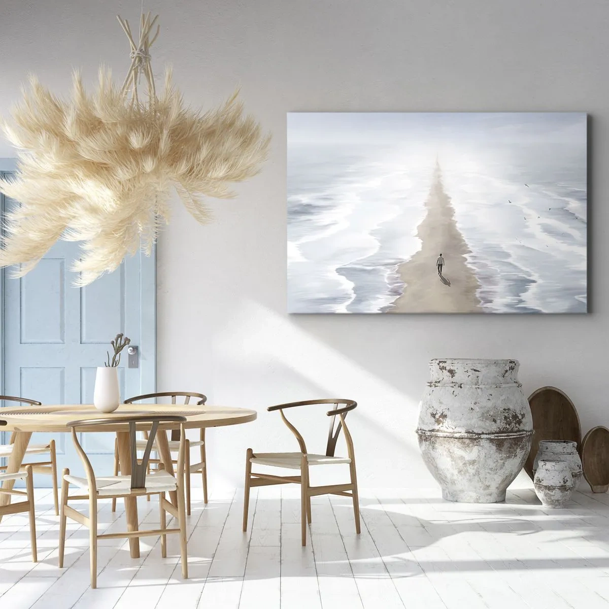 Impression sur toile - Image sur toile - Une silhouette sur une route solitaire au milieu d'un vaste paysage aquatique - 70x50cm - Un brillant avenir - Décoration murale moderne pour le salon et la chambre ARTTOR