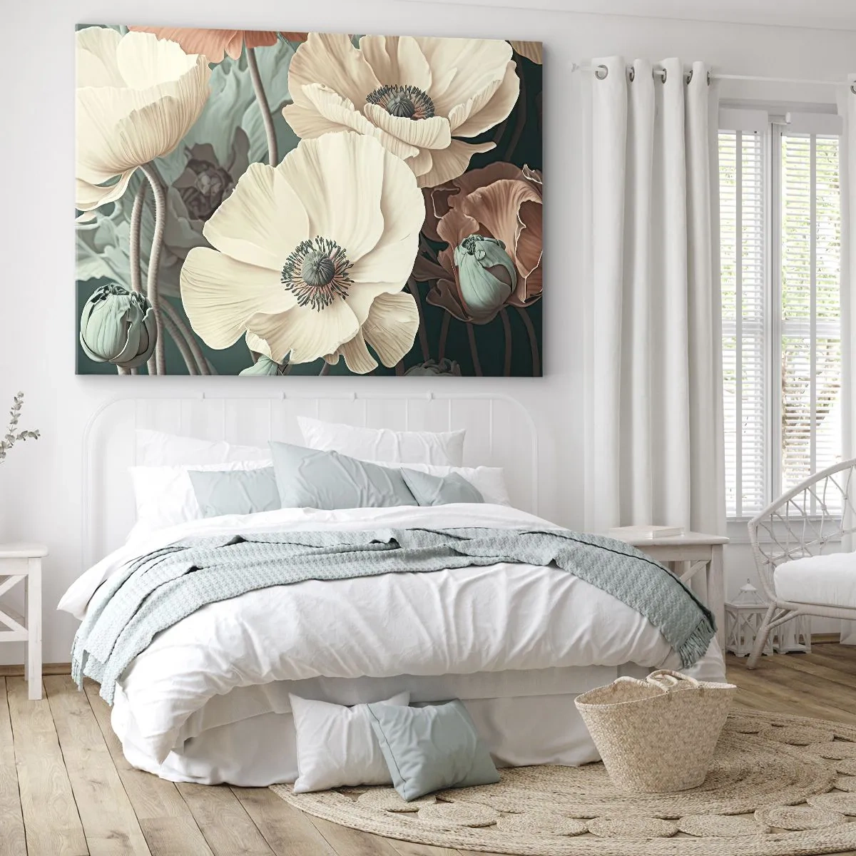 Impression sur toile - Image sur toile - Fleurs élégantes aux tons pastel sur fond vert - 70x50cm - Le murmure des coquelicots - Décoration murale moderne pour le salon et la chambre ARTTOR