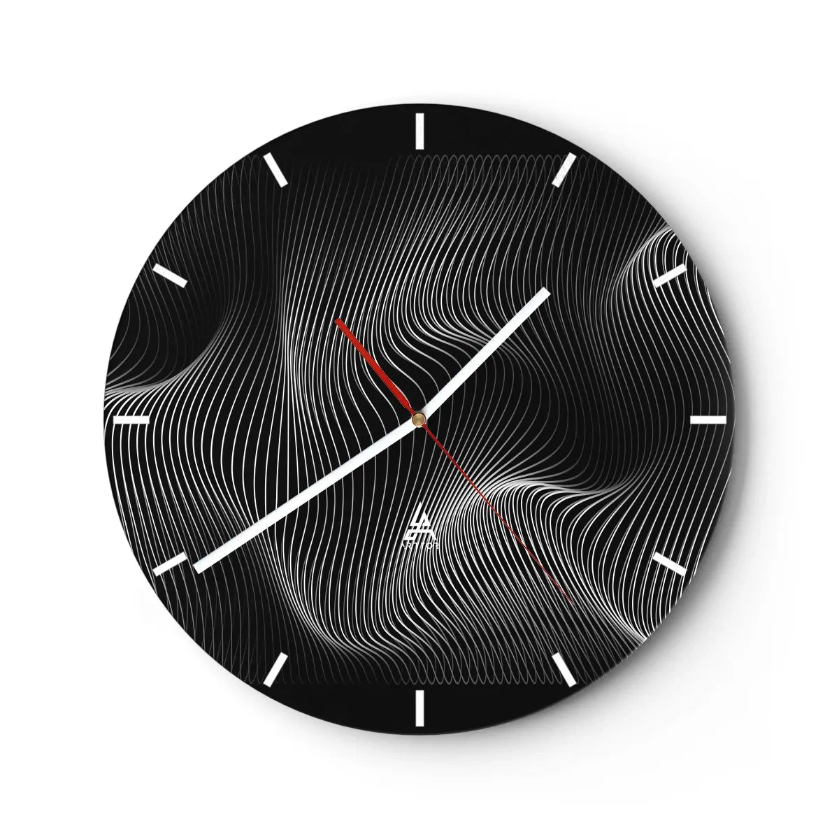 Horloge murale - Pendule murale - Des lignes blanches hypnotisantes sur fond noir créant une onde optique. - 30x30cm - Danse de lumière dans l'espace - Décoration murale moderne pour le salon, la cuisine et la chambre ARTTOR