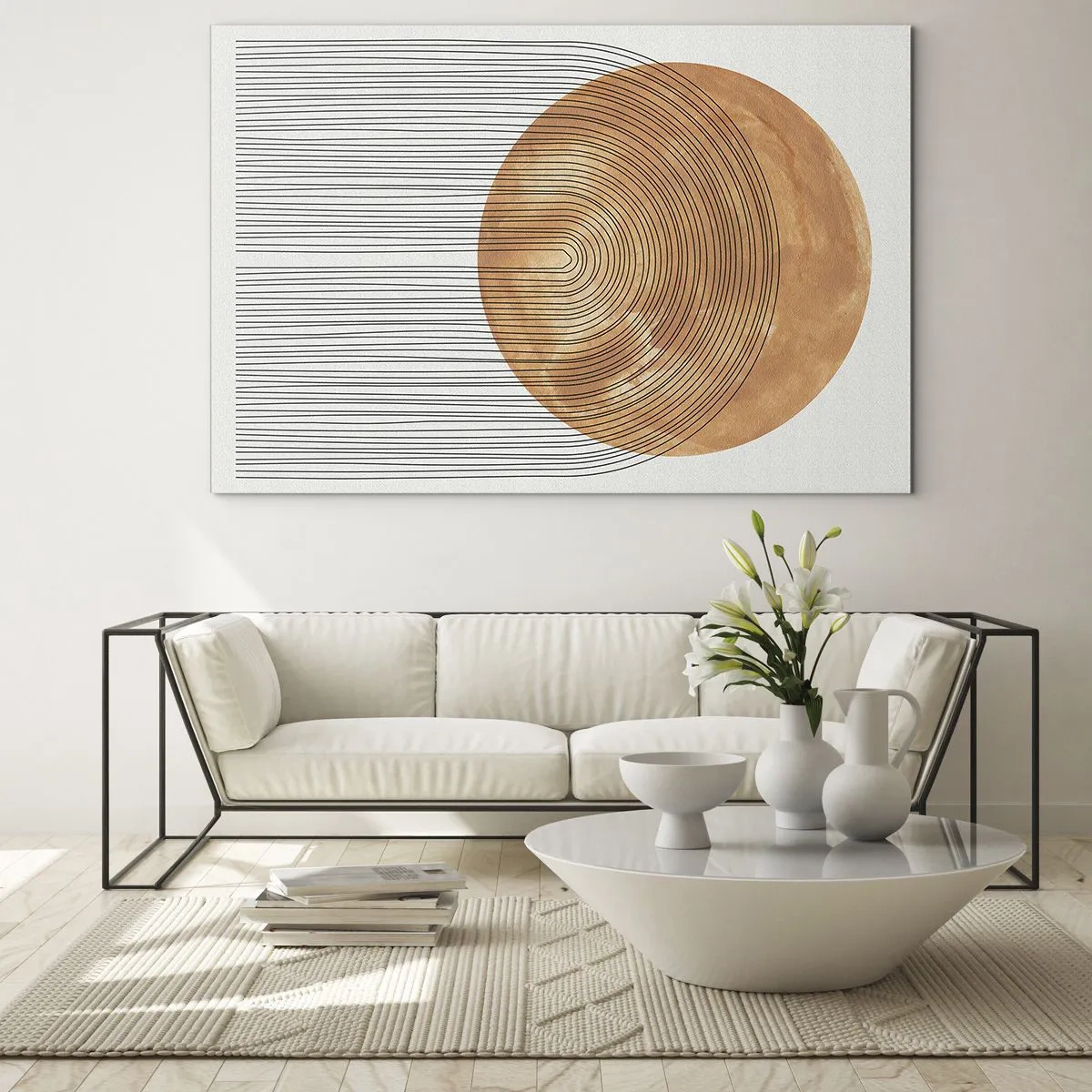 Impression sur verre - Image sur verre - Forme géométrique avec des lignes concentriques et un cercle doré - 70x50cm - Composition solaire - Décoration murale moderne pour le salon et la chambre ARTTOR
