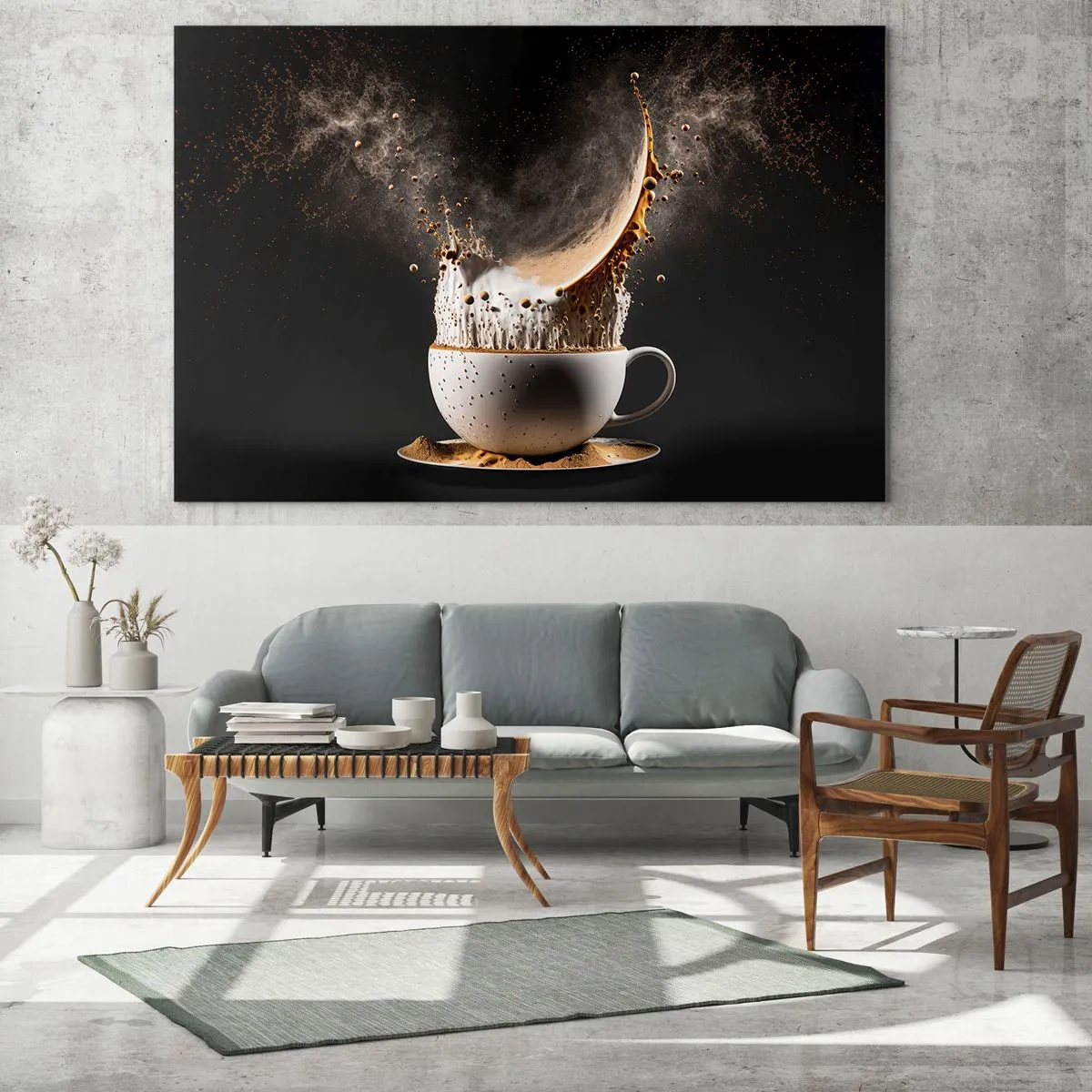 Impression sur verre - Image sur verre - Éclaboussures de café avec du lait dans une prise de vue dynamique - 70x50cm - Une explosion de saveur - Décoration murale moderne pour le salon et la chambre ARTTOR