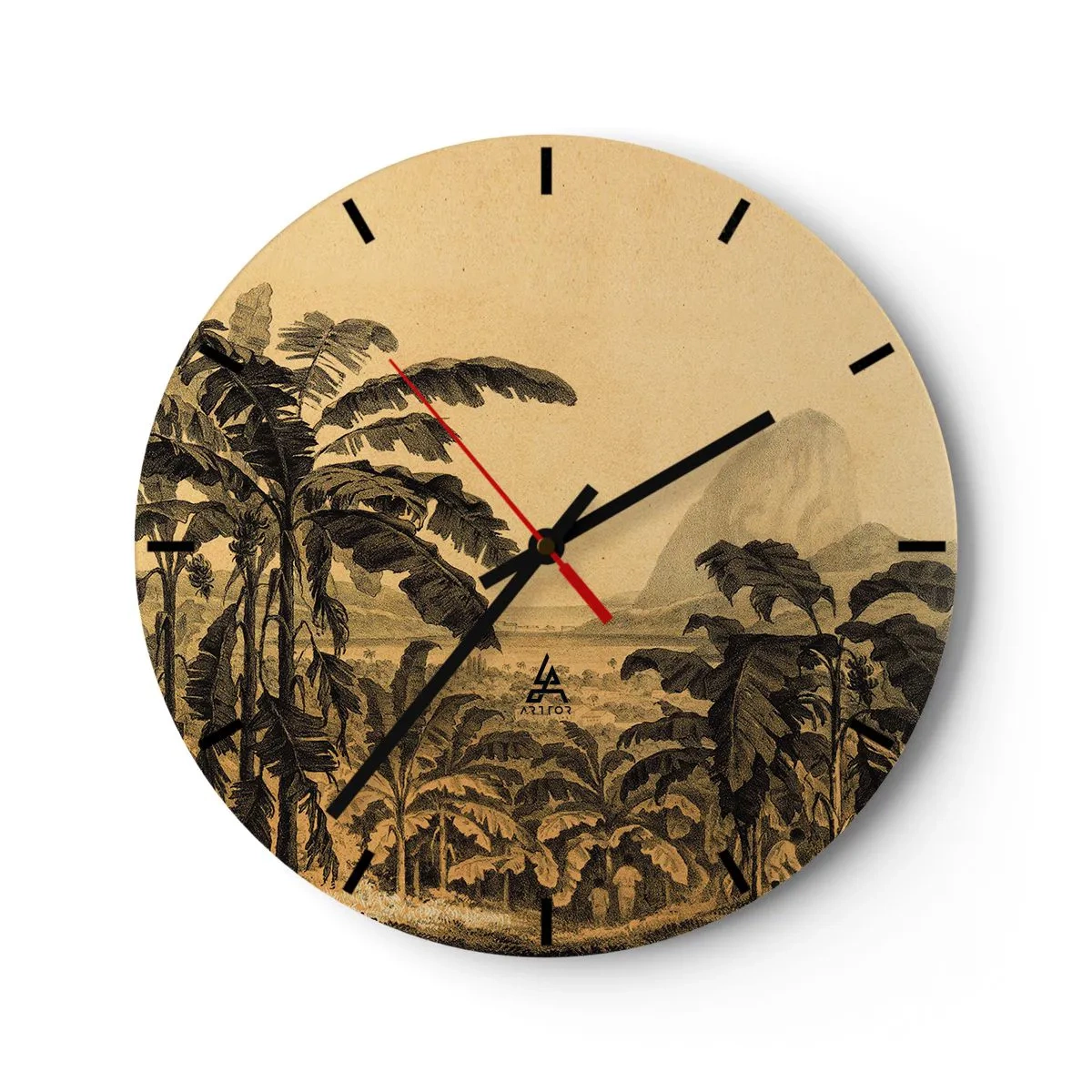 Horloge murale - Pendule murale - Des bananes et un paysage tropical rétro - 30x30cm - Dans un climat colonial - Décoration murale moderne pour le salon, la cuisine et la chambre ARTTOR