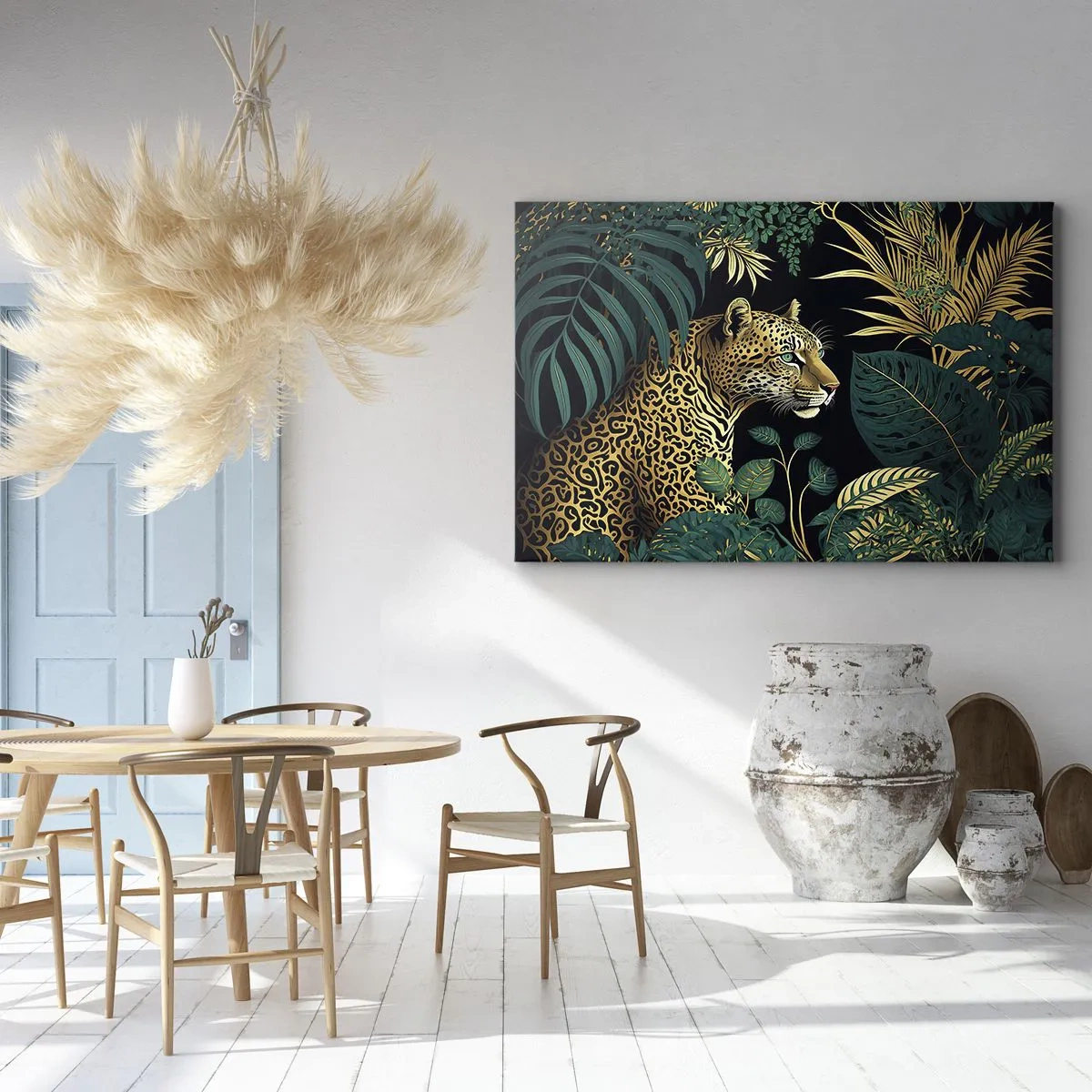 Impression sur toile - Image sur toile - Léopard dans des feuilles tropicales sur fond noir - 70x50cm - Un hôte dans la jungle - Décoration murale moderne pour le salon et la chambre ARTTOR