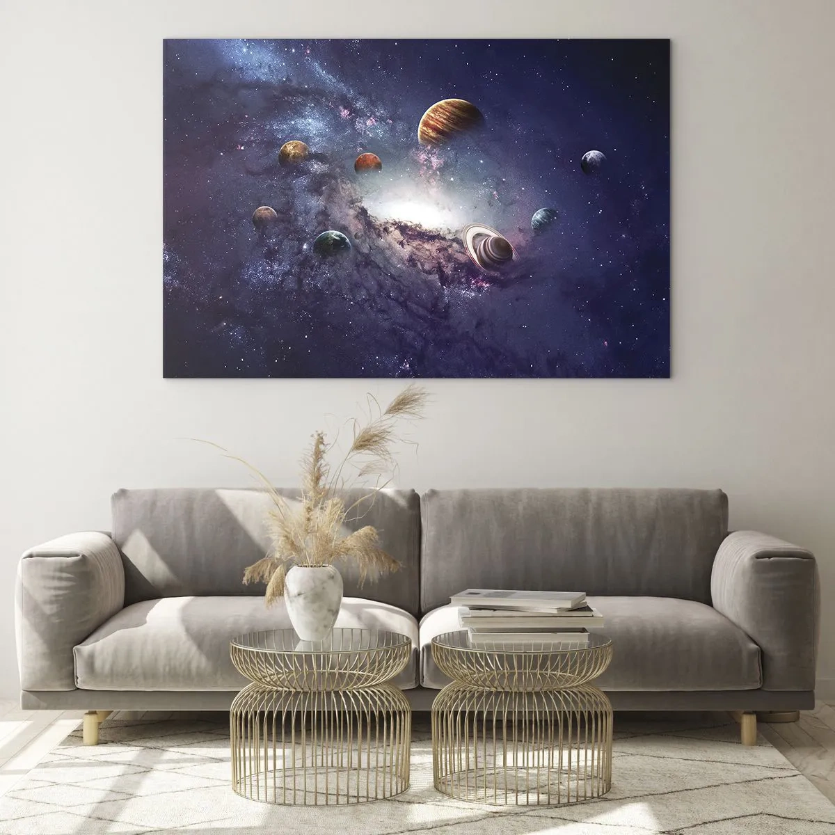 Impression sur verre - Image sur verre - Une vision fantaisiste de planètes tournant dans l'espace - 70x50cm - Système de danse solaire - Décoration murale moderne pour le salon et la chambre ARTTOR