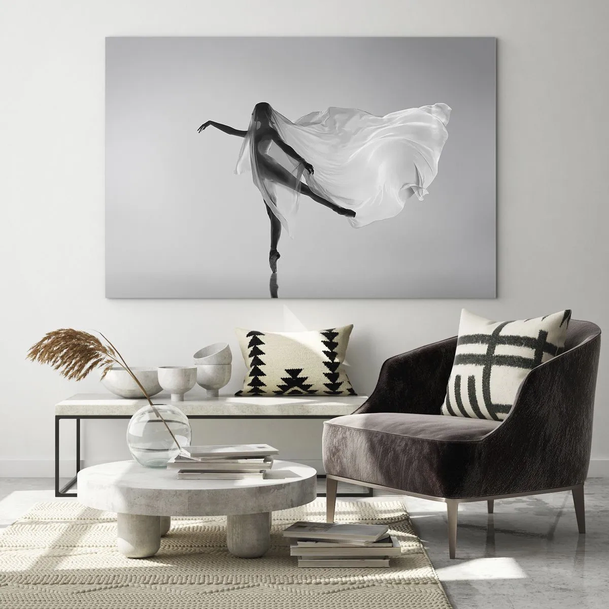 Impression sur verre - Image sur verre - Silhouette d'une danseuse avec un voile flottant en mouvement - 70x50cm - Légèreté et grâce - Décoration murale moderne pour le salon et la chambre ARTTOR