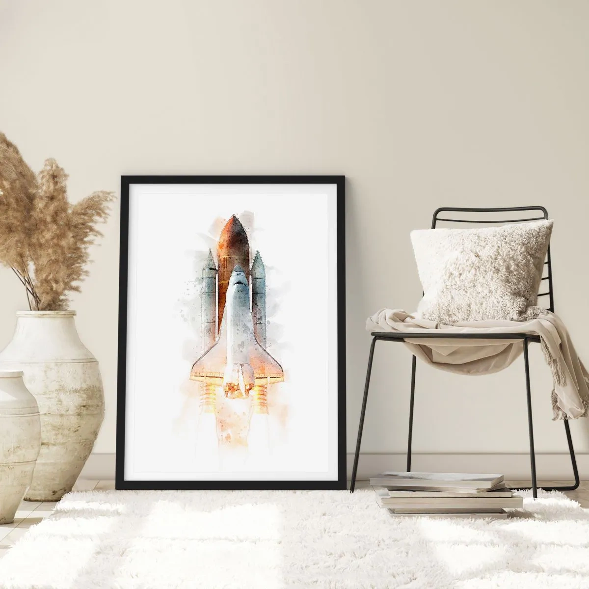 Affiche dans un cadre noir - Poster - Navette spatiale au décollage, style aquarelle - 50x70cm - Des explorateurs pour commencer - Décoration murale moderne pour le salon et la chambre ARTTOR