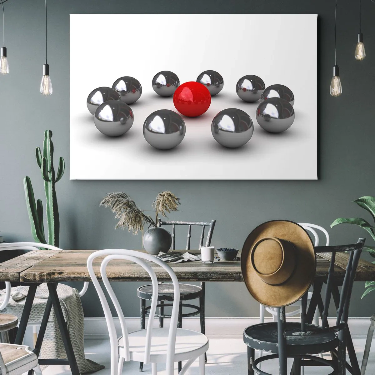 Impression sur toile - Image sur toile - Une boule rouge entourée de boules argentées sur fond blanc - 70x50cm - Un cercle en argent et rouge - Décoration murale moderne pour le salon et la chambre ARTTOR