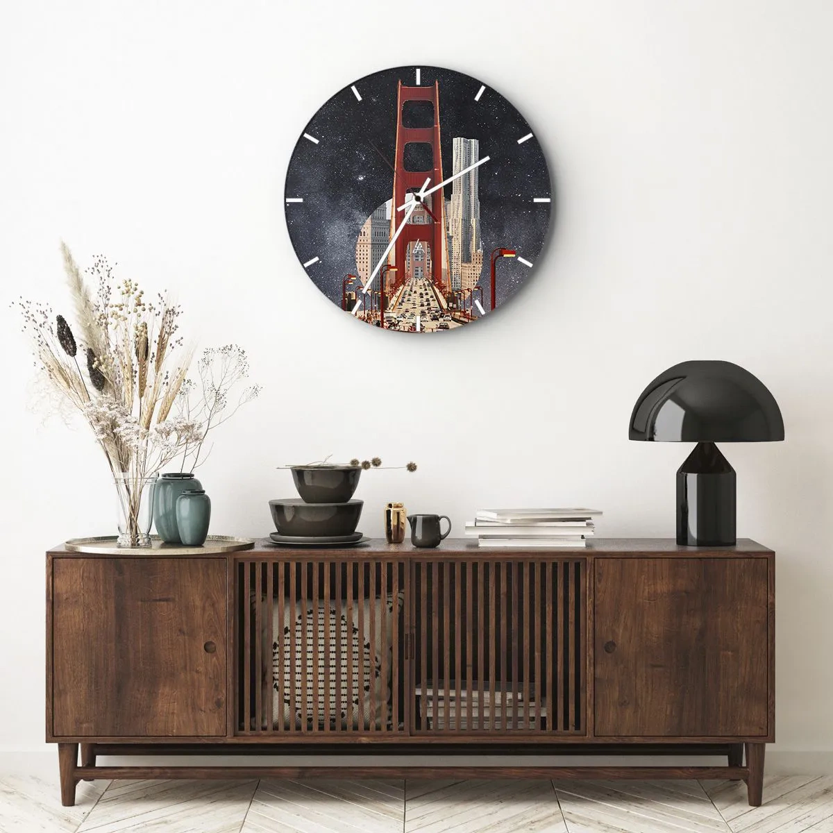 Horloge murale - Pendule murale - Le pont de la ville à la lumière des lampadaires sur fond de ciel étoilé - 30x30cm - Toujours au centre - Décoration murale moderne pour le salon, la cuisine et la chambre ARTTOR