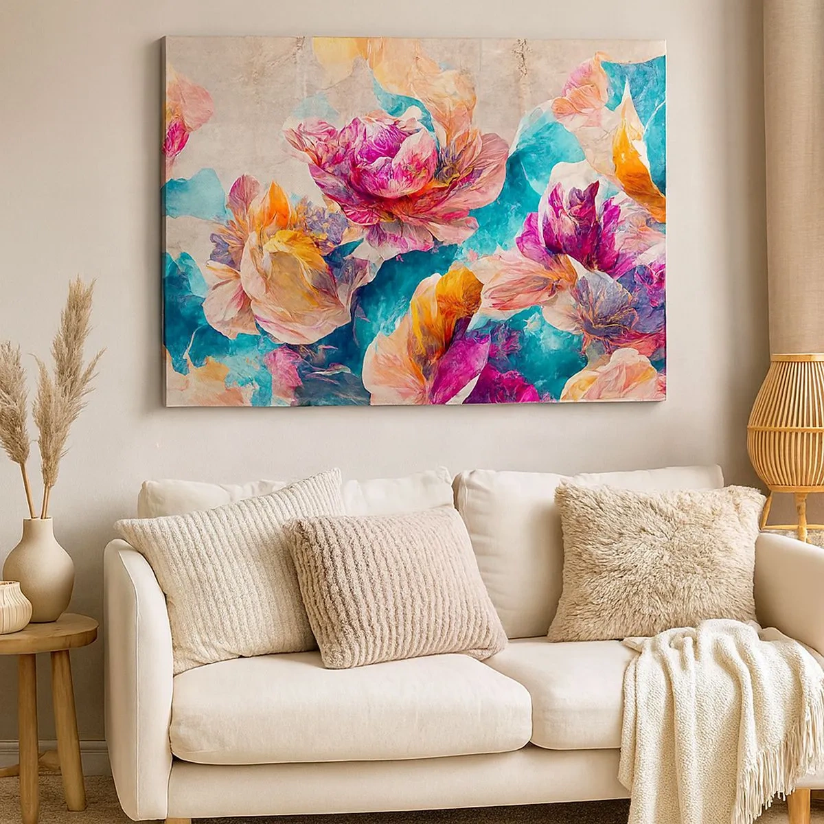 Impression sur toile - Image sur toile - Fleurs colorées sur fond beige - 70x50cm - Splendeur colorée du bouquet - Décoration murale moderne pour le salon et la chambre ARTTOR