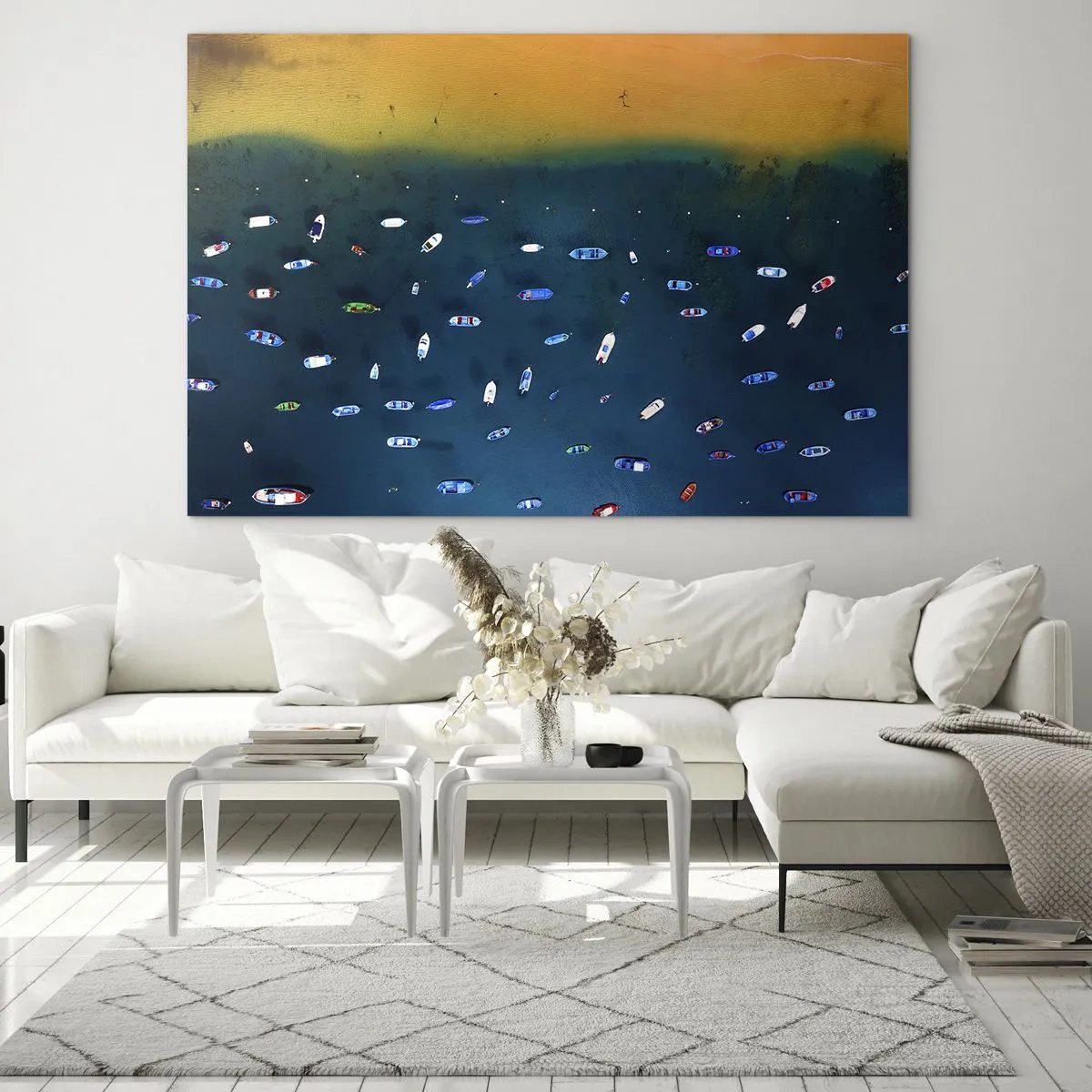 Impression sur verre - Image sur verre - Des bateaux sur fond d'eau turquoise et de rivage doré - 70x50cm - Jeu de vacances - Décoration murale moderne pour le salon et la chambre ARTTOR