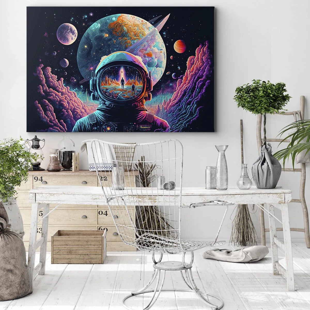 Impression sur toile - Image sur toile - Astronaute dans l'espace avec un paysage planétaire coloré - 70x50cm - Les philosophes n'en ont pas rêvé - Décoration murale moderne pour le salon et la chambre ARTTOR