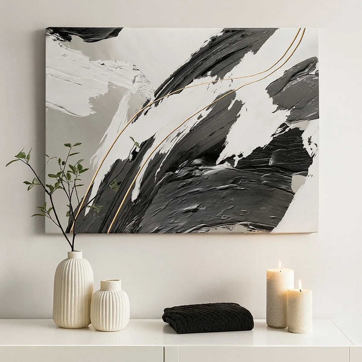 Impression sur toile - Image sur toile - Coups de pinceau noirs et blancs avec une subtile touche dorée - 70x50cm - L'abstraction à grande échelle - Décoration murale moderne pour le salon et la chambre ARTTOR
