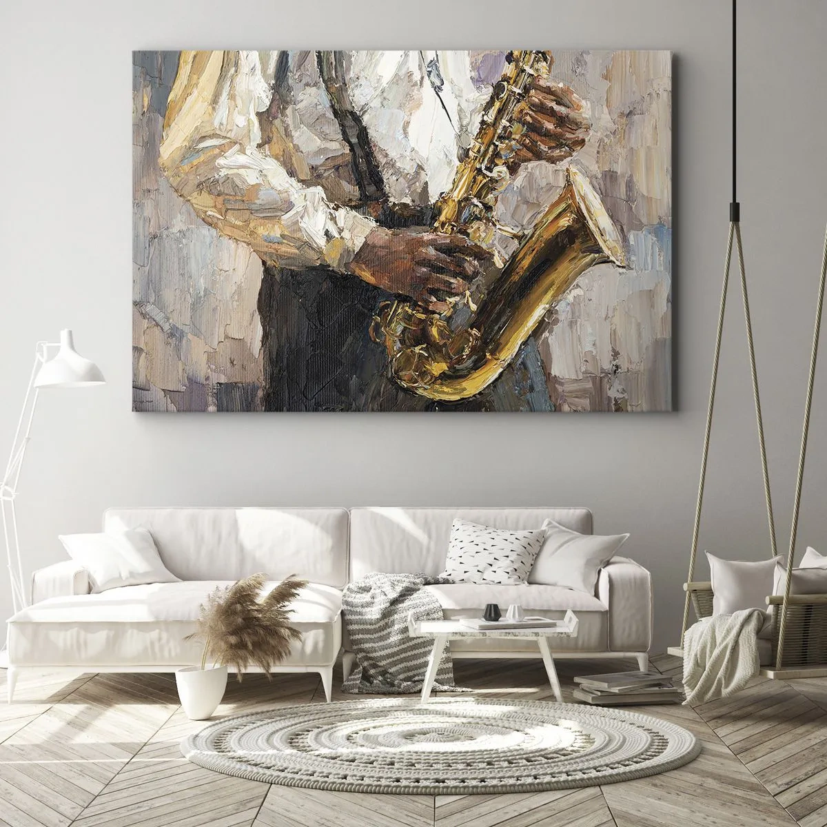 Impression sur toile - Image sur toile - Un musicien jouant du saxophone dans un style artistique - 70x50cm - C'est l'heure du solo - Décoration murale moderne pour le salon et la chambre ARTTOR