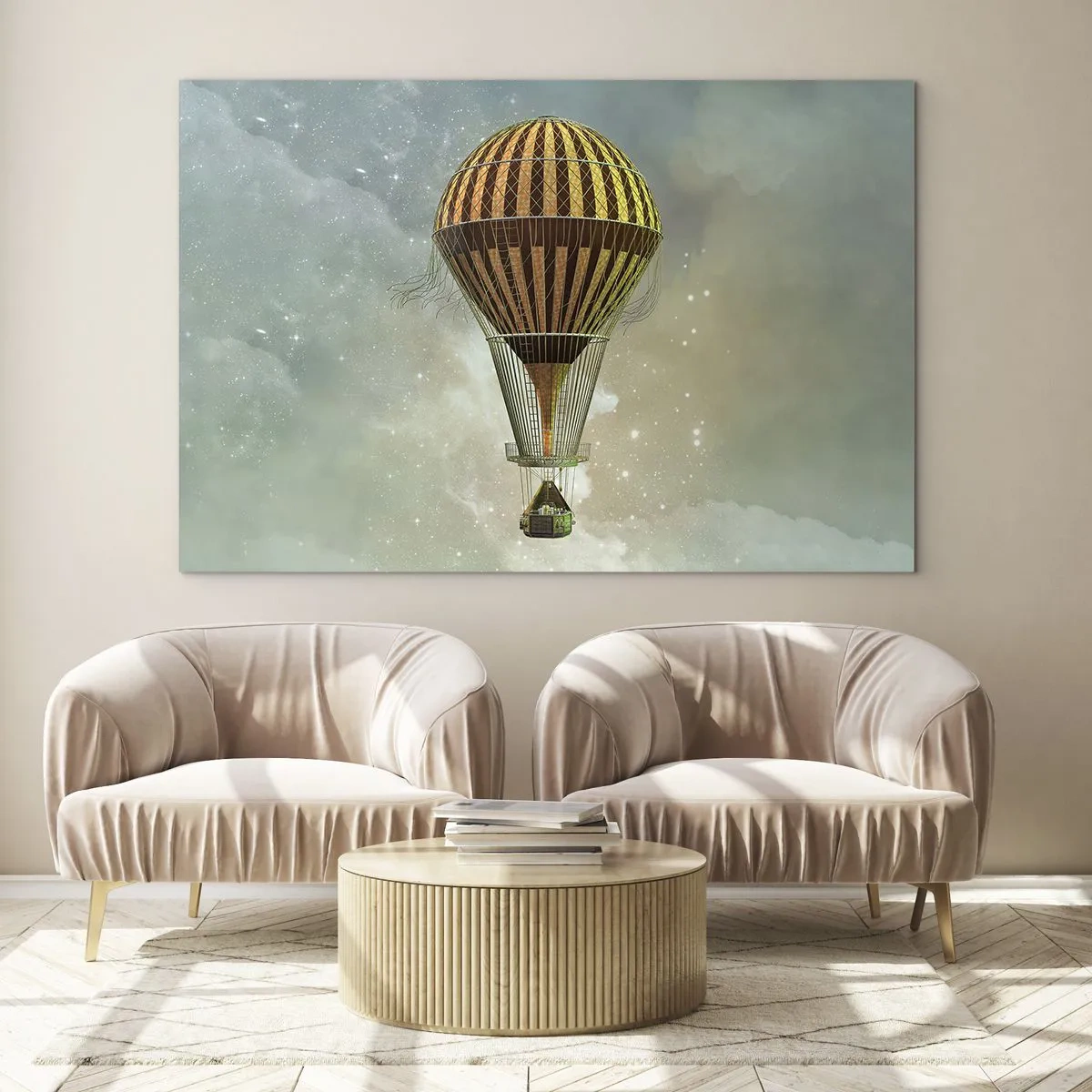 Impression sur verre - Image sur verre - Un ballon stylisé sur fond de ciel étoilé et de nuages. - 70x50cm - Vols pionniers - Décoration murale moderne pour le salon et la chambre ARTTOR