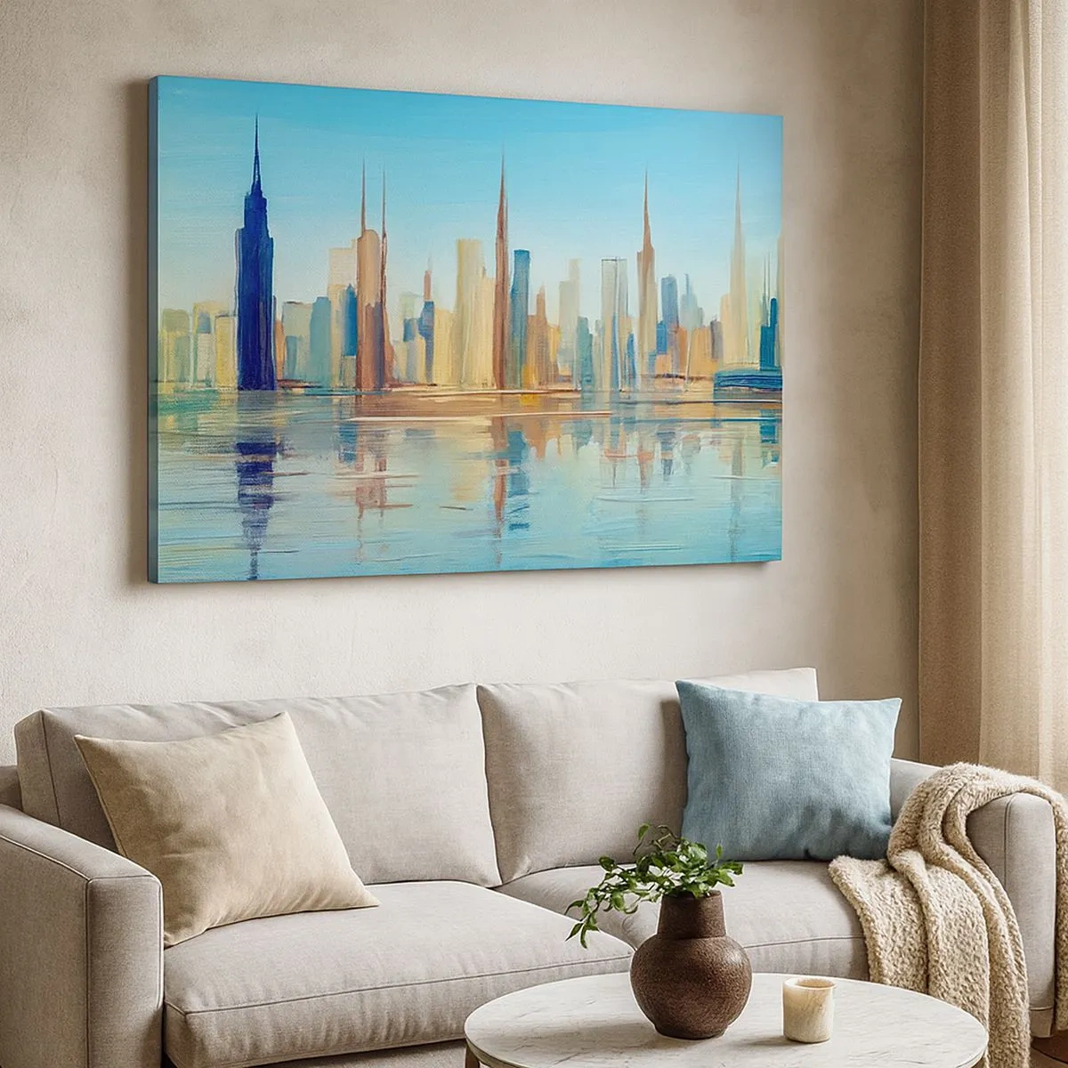 Impression sur toile - Image sur toile - Un panorama de la ville aux couleurs chaudes avec reflet dans l'eau - 70x50cm - Une métropole ensoleillée - Décoration murale moderne pour le salon et la chambre ARTTOR