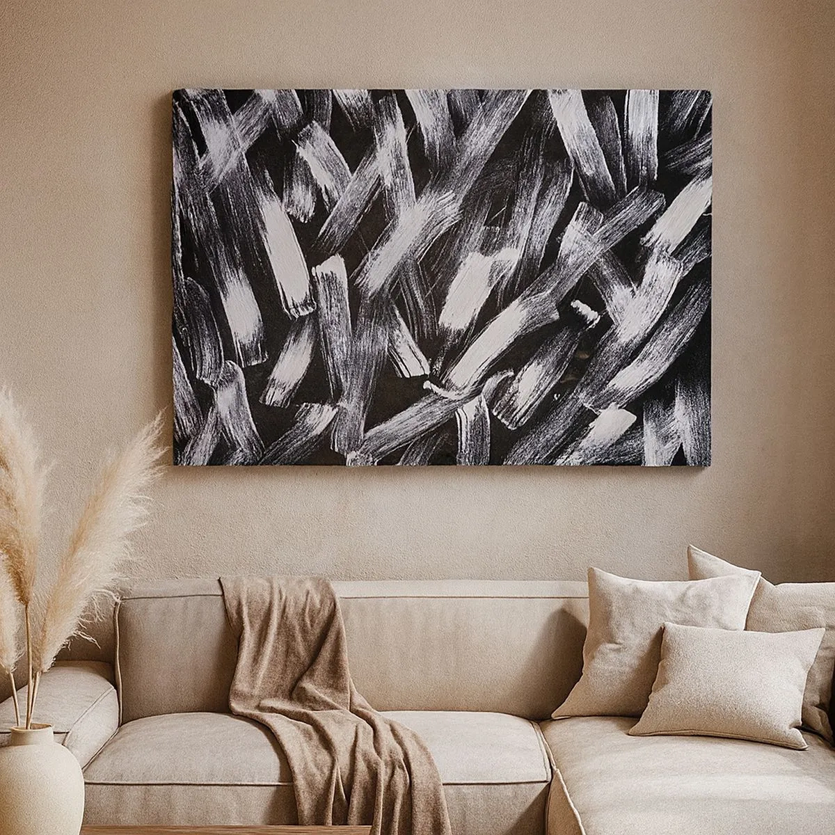 Impression sur toile - Image sur toile - Abstraction dynamique avec des coups de pinceau blancs sur fond noir. - 70x50cm - L'abstraction dans l'esprit industriel - Décoration murale moderne pour le salon et la chambre ARTTOR