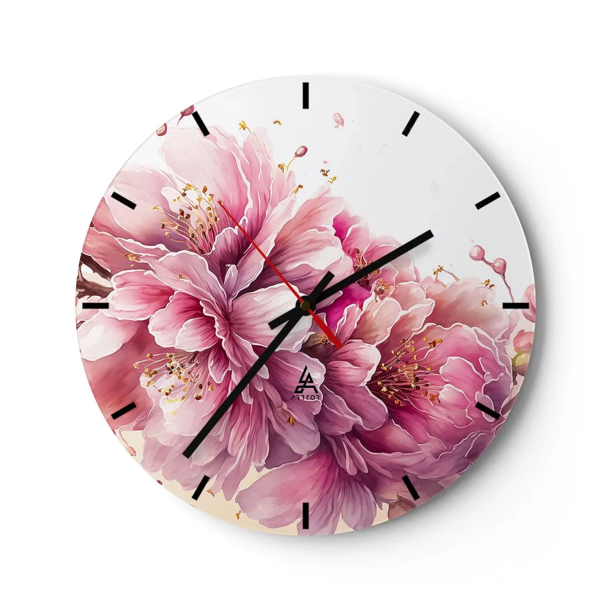 Horloge murale - Pendule murale - Fleurs de cerisier roses en fleurs sur fond blanc dans un style artistique - 30x30cm - Fleur florissante de cerisier - Décoration murale moderne pour le salon, la cuisine et la chambre ARTTOR