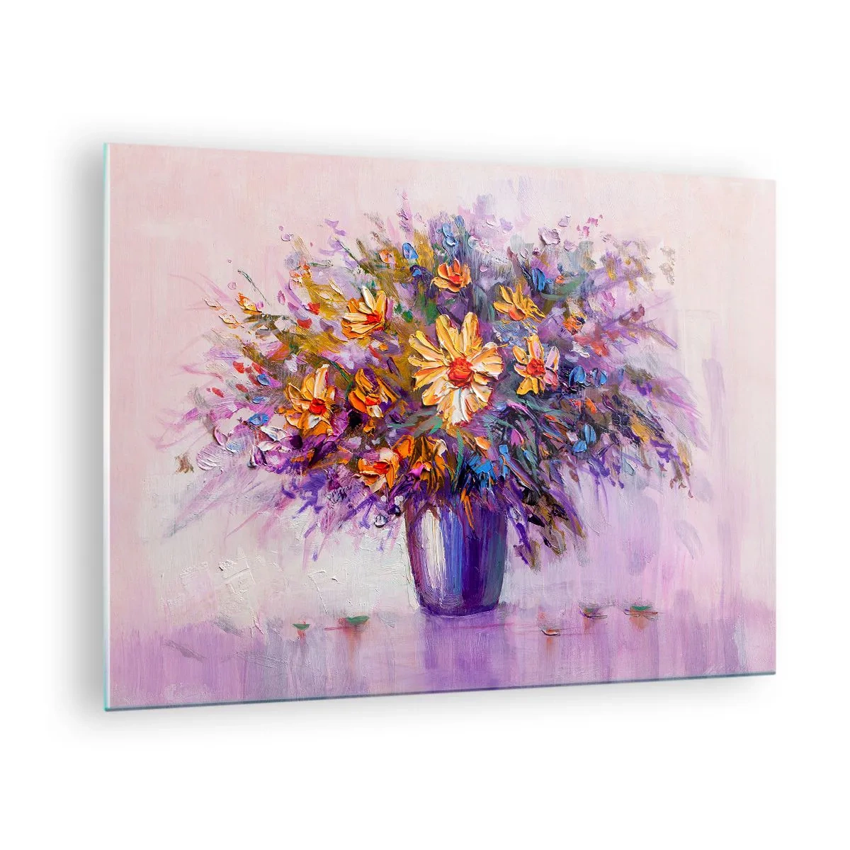 Impression sur verre - Image sur verre - Un bouquet de fleurs colorées dans un vase sur un fond pastel - 70x50cm - Ça sent bon, ça a l'air doux - Décoration murale moderne pour le salon et la chambre ARTTOR