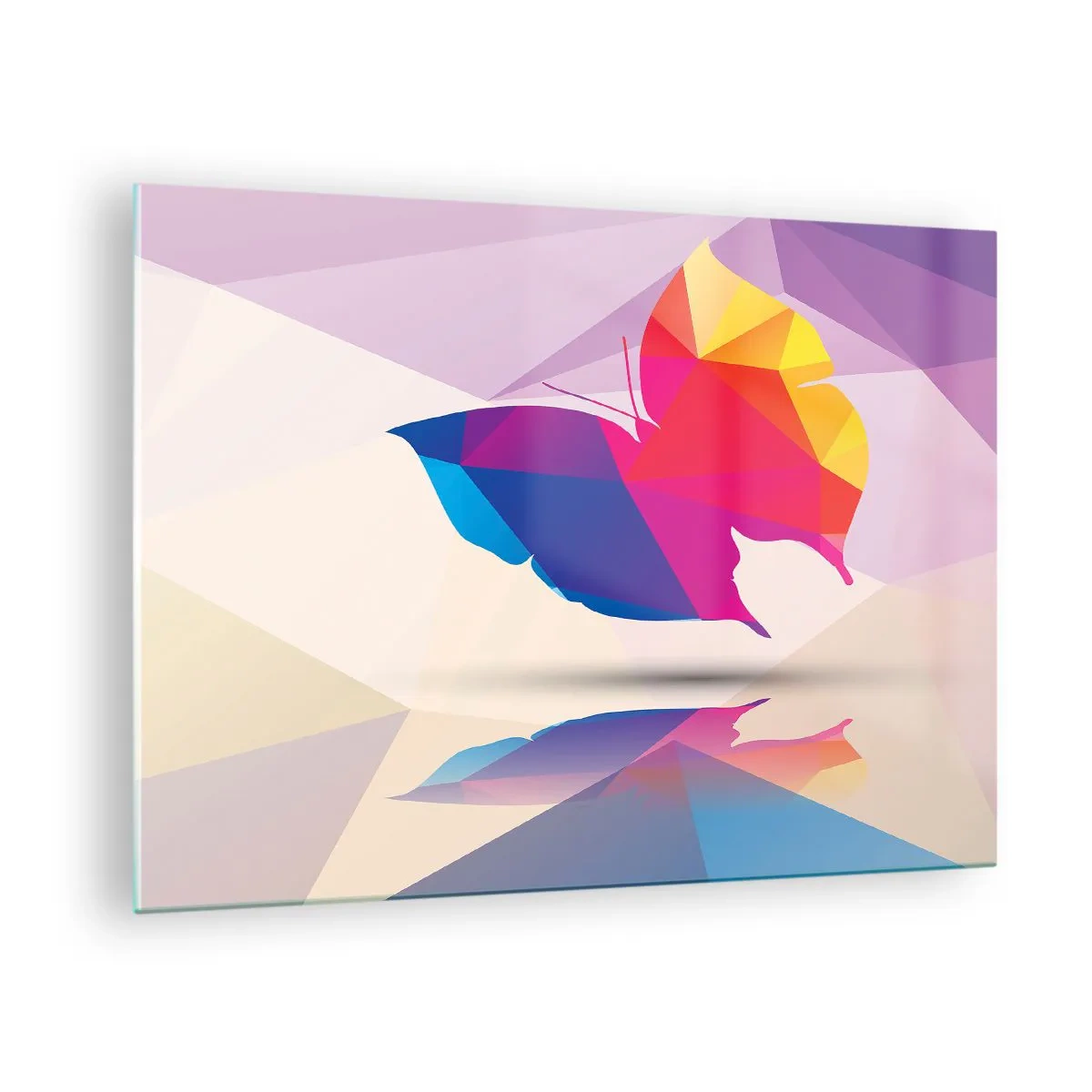 Impression sur verre - Image sur verre - Papillon géométrique dans une abstraction colorée et lumineuse - 70x50cm - Papillon arc-en-ciel - Décoration murale moderne pour le salon et la chambre ARTTOR