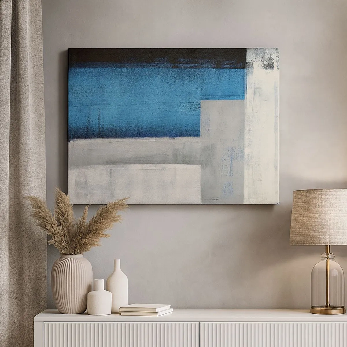 Impression sur toile - Image sur toile - Une composition abstraite avec des nuances de bleu, de gris et de blanc. - 70x50cm - Une composition poétique de gris et de bleu - Décoration murale moderne pour le salon et la chambre ARTTOR