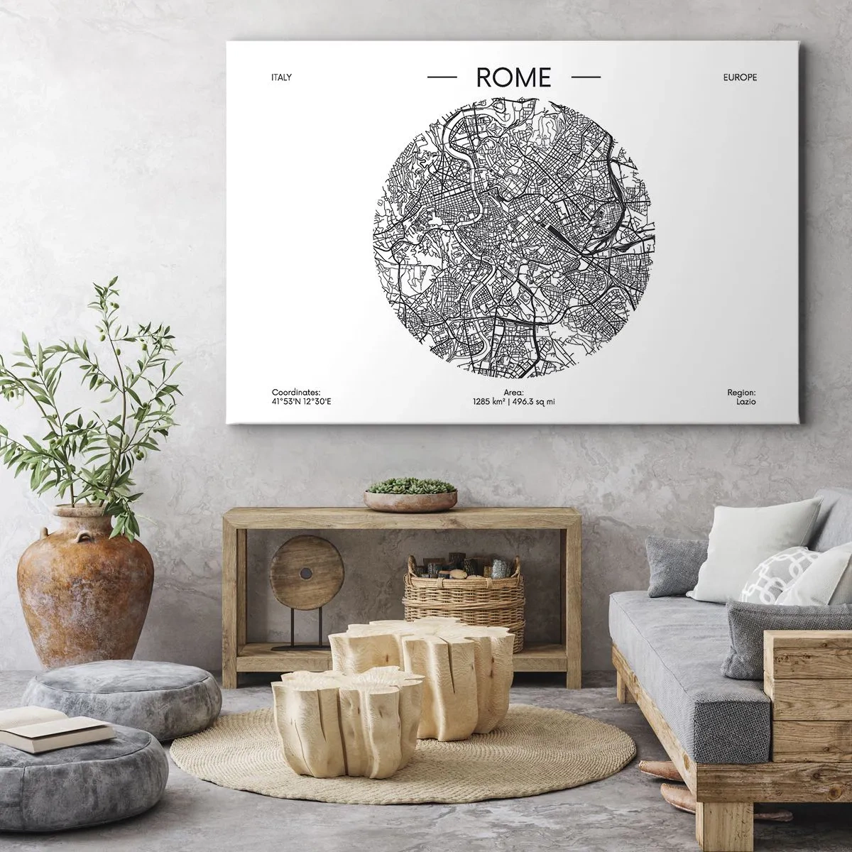 Impression sur toile - Image sur toile - Une carte de Rome dans un style minimaliste, noir et blanc - 70x50cm - Anatomie de Rome - Décoration murale moderne pour le salon et la chambre ARTTOR