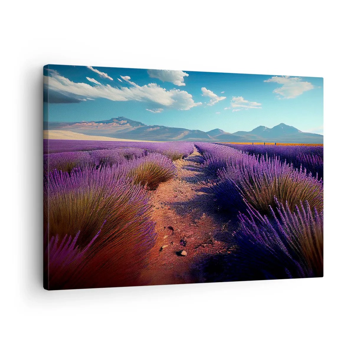 Impression sur toile - Image sur toile - Un champ de lavande avec vue sur les montagnes et le ciel bleu - 70x50cm - Champs parfumés - Décoration murale moderne pour le salon et la chambre ARTTOR