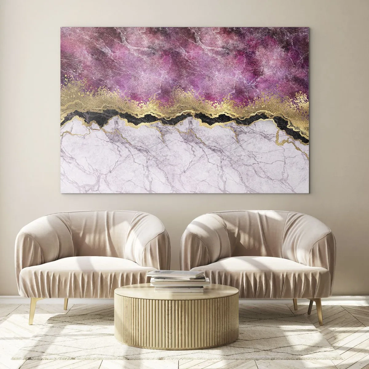Impression sur verre - Image sur verre - Composition abstraite en marbre avec des accents dorés et violets - 70x50cm - À la frontière - Décoration murale moderne pour le salon et la chambre ARTTOR