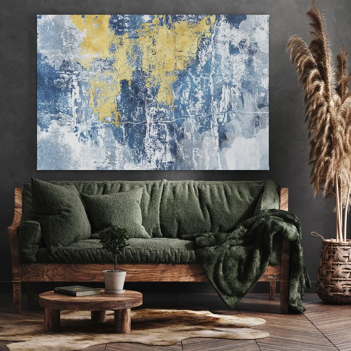 Impression sur toile - Image sur toile - Abstraction dans les tons de bleu et de jaune - 70x50cm - Abstraction du temps - Décoration murale moderne pour le salon et la chambre ARTTOR